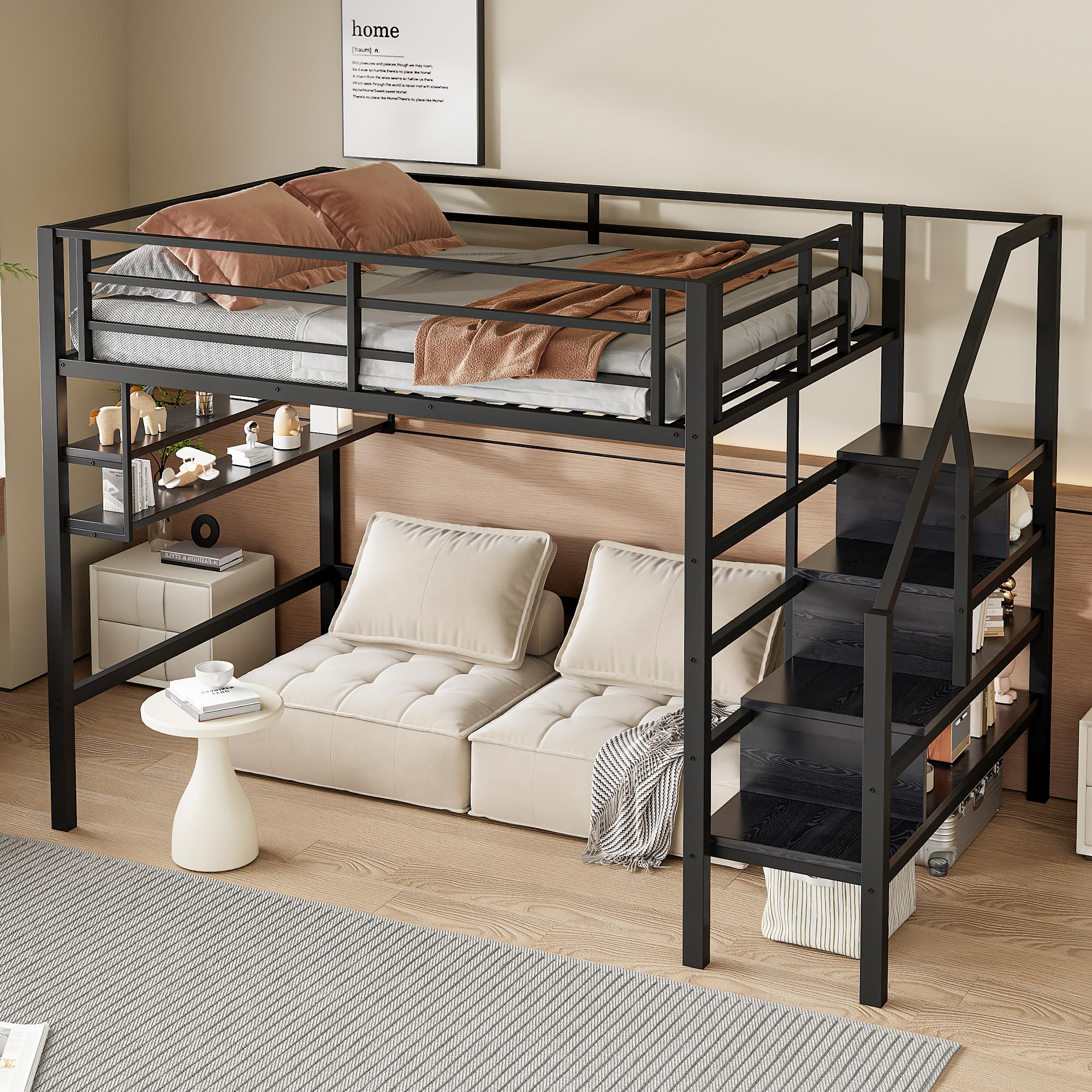 SACOOL Letto a soppalco, 140 x 200 cm, ripiano per riporre spazio sotto il letto, per il rivestimento, ringhiera senza materasso, colore nero