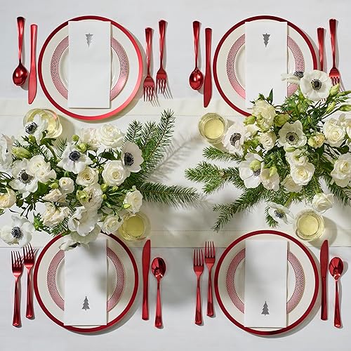 Miniatura 2 de By Madee HEAVYweight - Juego de platos y servilletas desechables de Navidad de 175 piezas, ribete rojo marfil, platos de Navidad, servilletas de