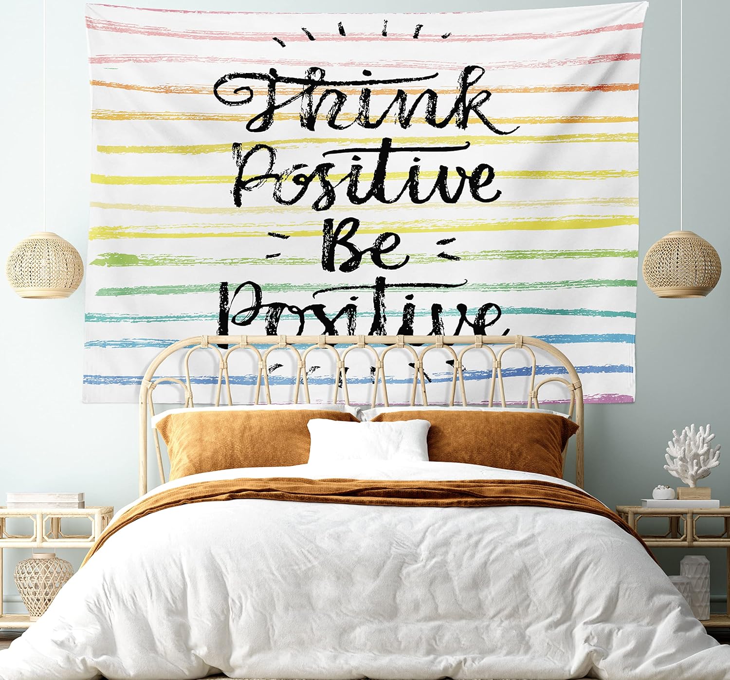 Ambesonne Positive Energy Tapestry, Words on Pastel Tone Rainbow Colors Brushstroke Lines, Wide Wall Hanging for Bedroom Living Room Dorm, 60" X 40", White Yellow