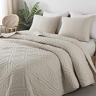 R.SHARE Beige Cream Tan King Size Quilt Bedding Sets with Pillow Shams, Boho Lightweight Soft Bedspread Coverlet, Quilted Blanket Thin Comforter Bed Cover for All Season, 3 Pieces, 104x90 inches
