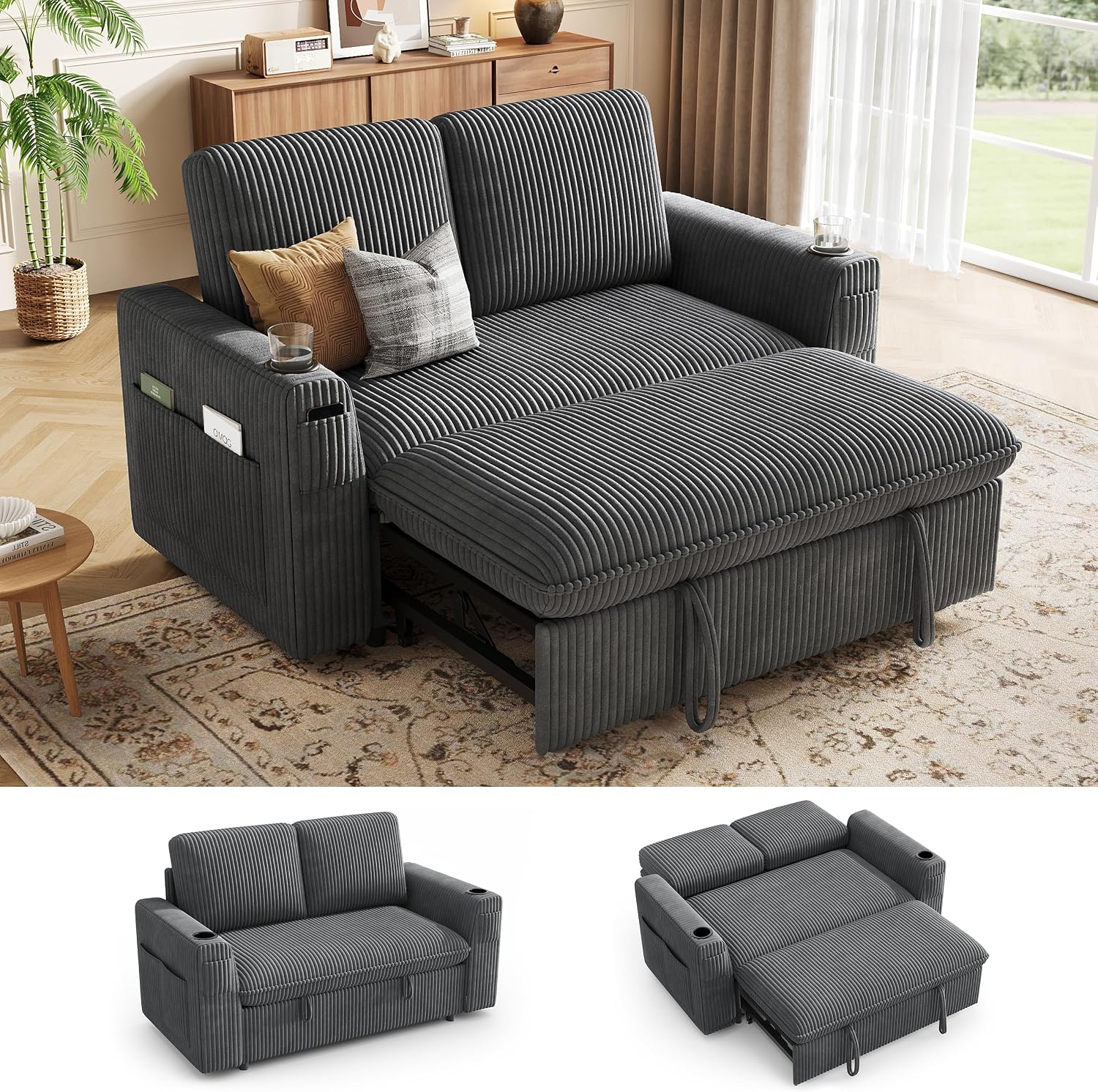 WUNSTANTE Sleeper Sofa with Pull Out Bed, Plush Corduroy Convertible Sofa Bed with Adjustable Backrest and Cup Holders, Loveseat Sleeper Couches for Living Room, Apartment, Light Grey