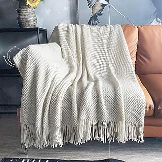 LOMAO Knitted Throw Blanket with Tassels Bubble Textured Lightweight Throws for Couch Cover Home Decor (Cream, 60x80)