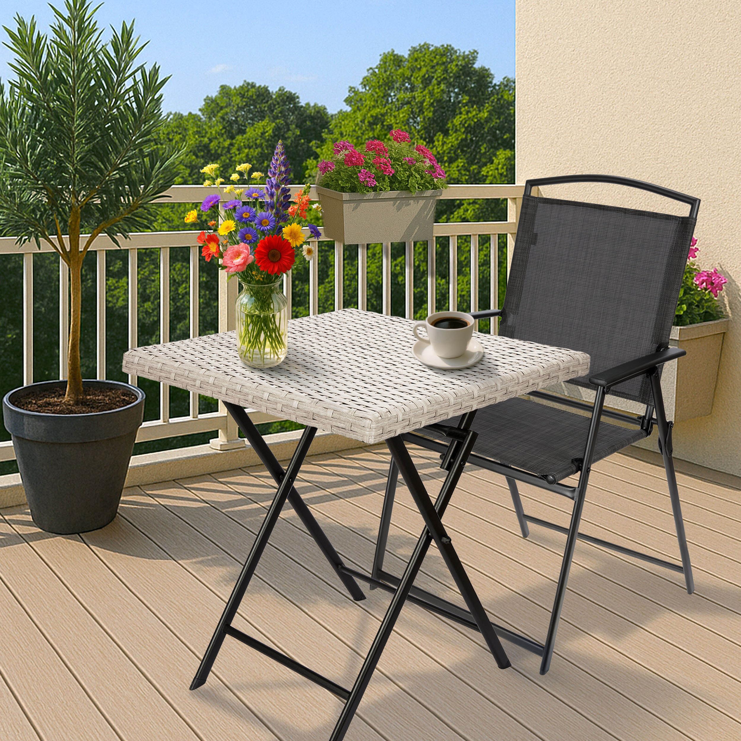 BRUBAKER Mesa de Jardín Lugano - Mesa de Balcón 58 x 58 cm Impermeable - Mesa Auxiliar Plegable de Poliratán y Metal - Mesa de Camping Cuadrada para Balcón, Terraza - Mesa Bistro - Gris Beige