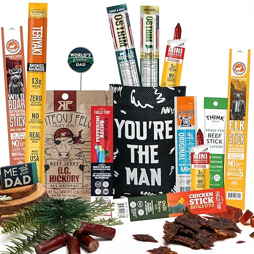 Palitos de cecina de regalo para hombres, surtido curado de aperitivos ricos en proteínas, alternativa a la cesta de regalo de carne seca de