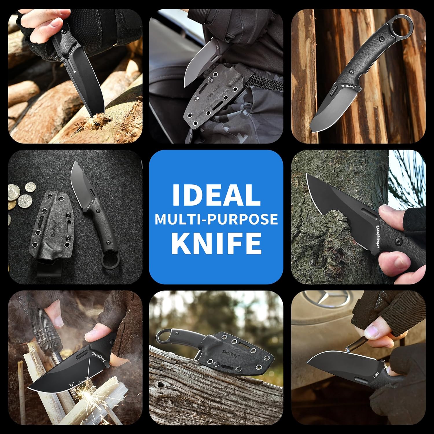 ZhengSheng Fixed Blade Knife with Sheath, 3.2” DC53 Steel blade with Black Titanium Coating and G10 Handle Full Tang Outdoor Camping Hiking Survival Knives for Men Women