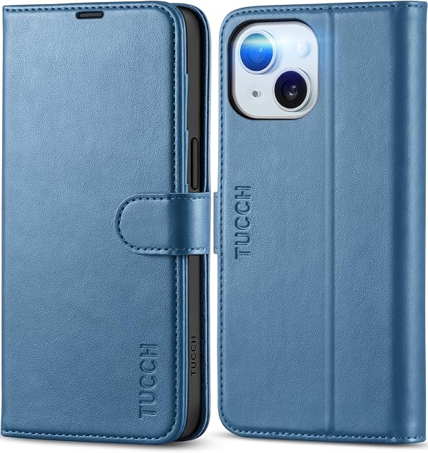 TUCCH Wallet Case for iPhone 15 (6.1") 2023, Magnetic Protective PU Leather Flip Folio Cover with [RFID Blocking][Credit Card Holders]Viewing Stand[Shockproof TPU]Compatible with iPhone 15, Lake Blue
