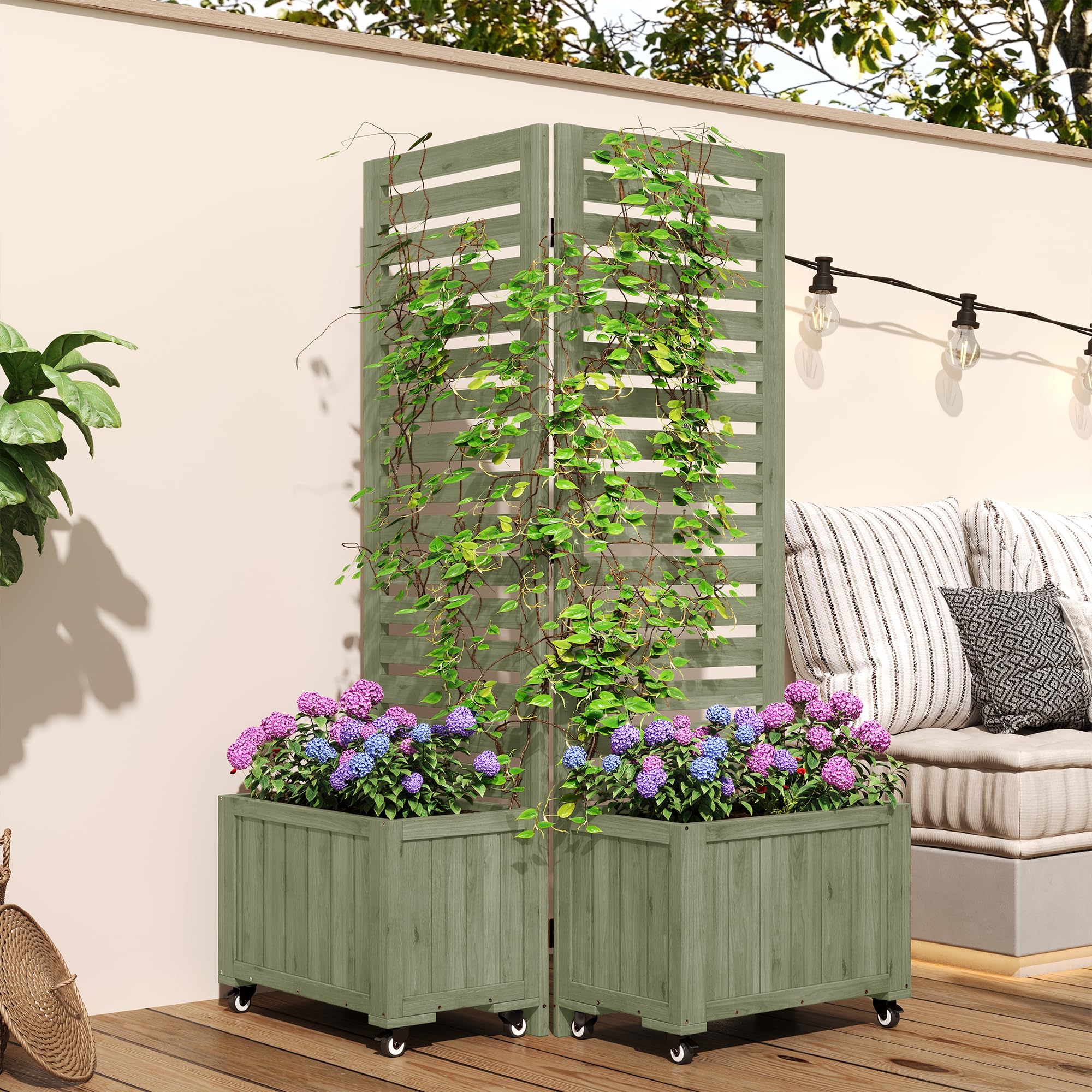 Merax Jardinière avec treillis, 2 grilles de jardin & 2 bacs à plantes, bois de sapin résistant aux intempéries, pliable, avec roues universelles, jardinière d’extérieur pour jardin, terrasse, cour