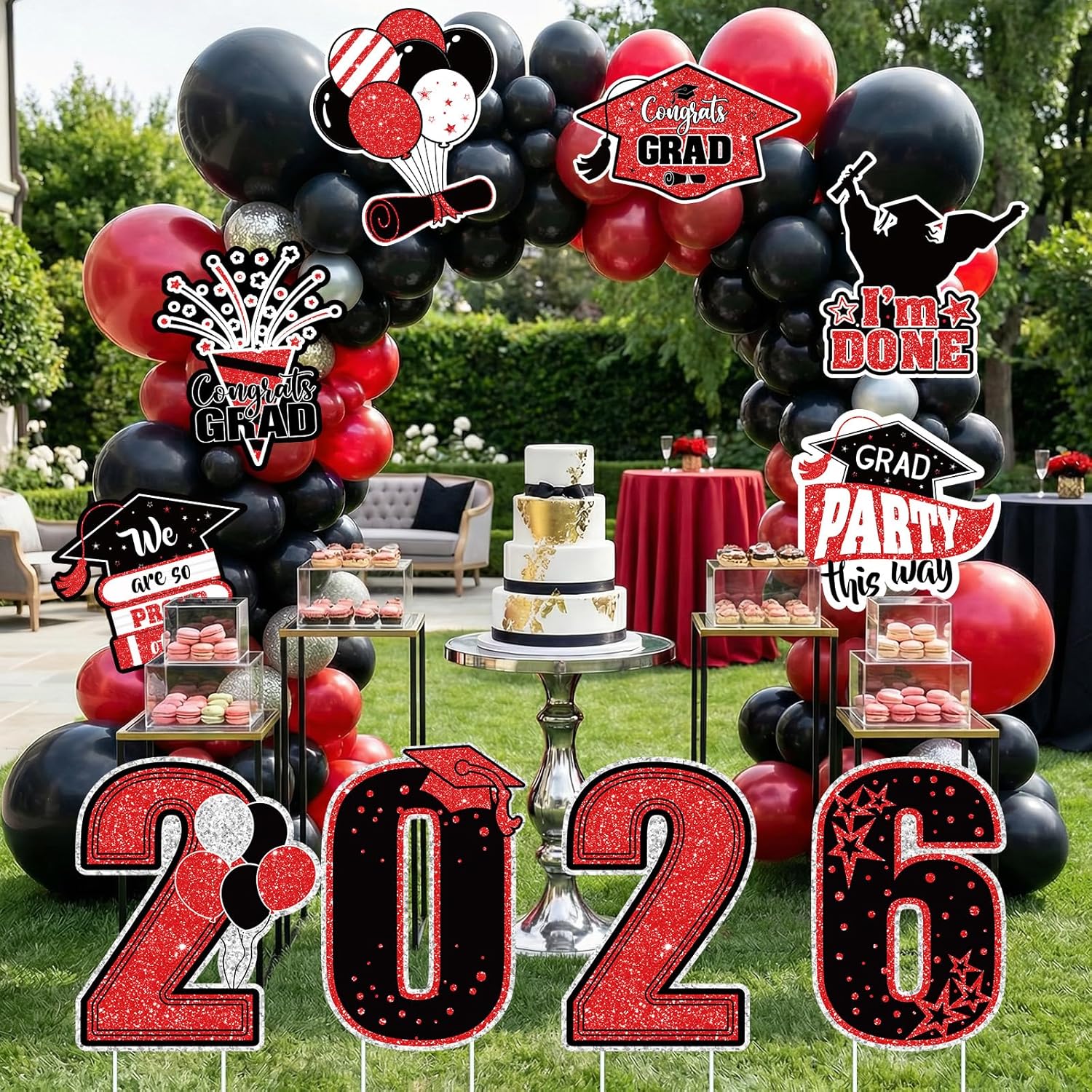 FunHot Graduation Yard Sign Class of 2026, Large Black and Red Grad Yard Signs, Waterproof Congrats Grad Cap Sign with Stakes Outdoor Lawn for College High School 2026 Graduation Party Decoration