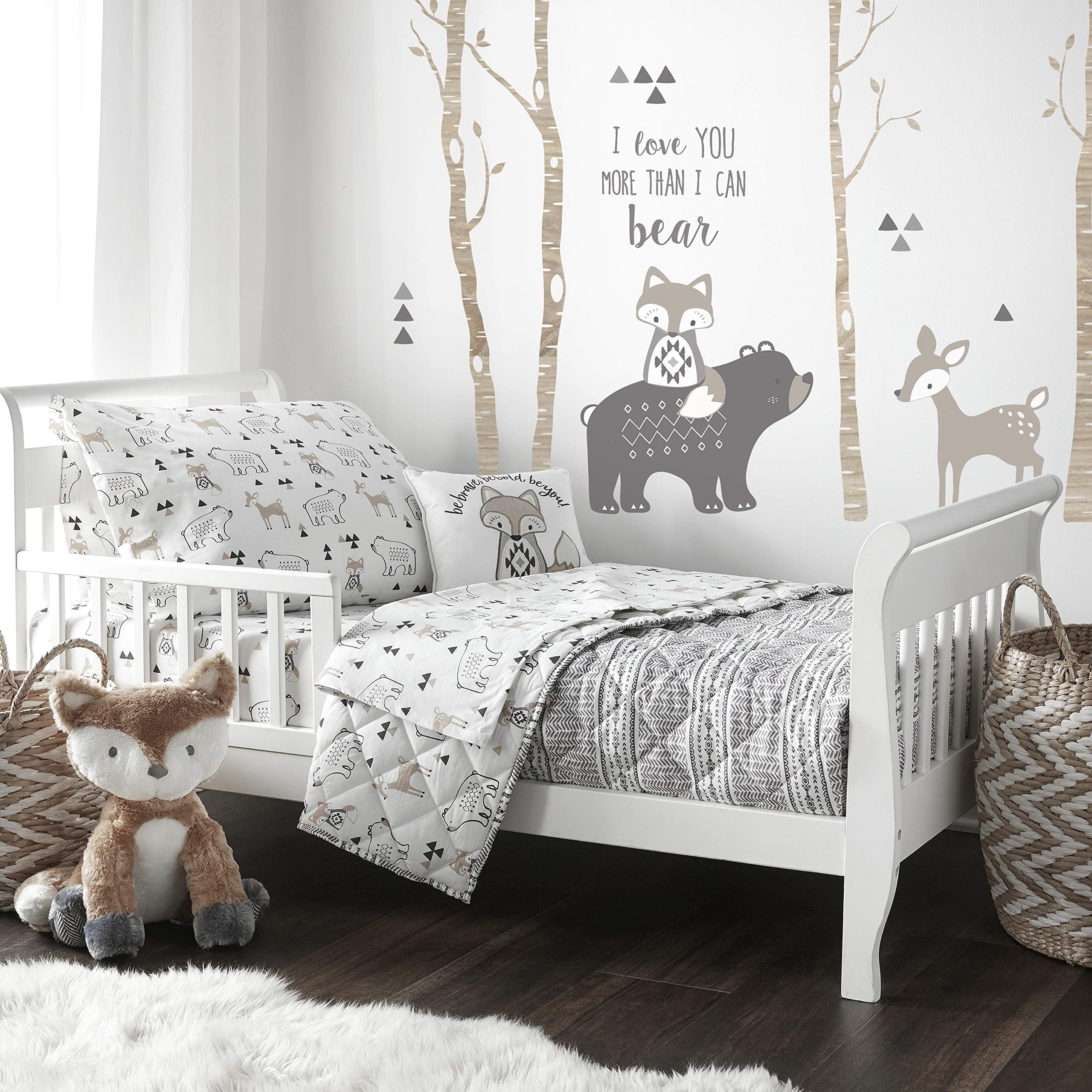 Levtex BabyBailey Bear, Animals, Woodland, Charcoal, Beige, White -5PC Toddler Set - Neutral Kids Bedding - Reversible Quilt, Fitted Sheet, Flat Sheet, Standard Pillow Case, Decorative Pillow