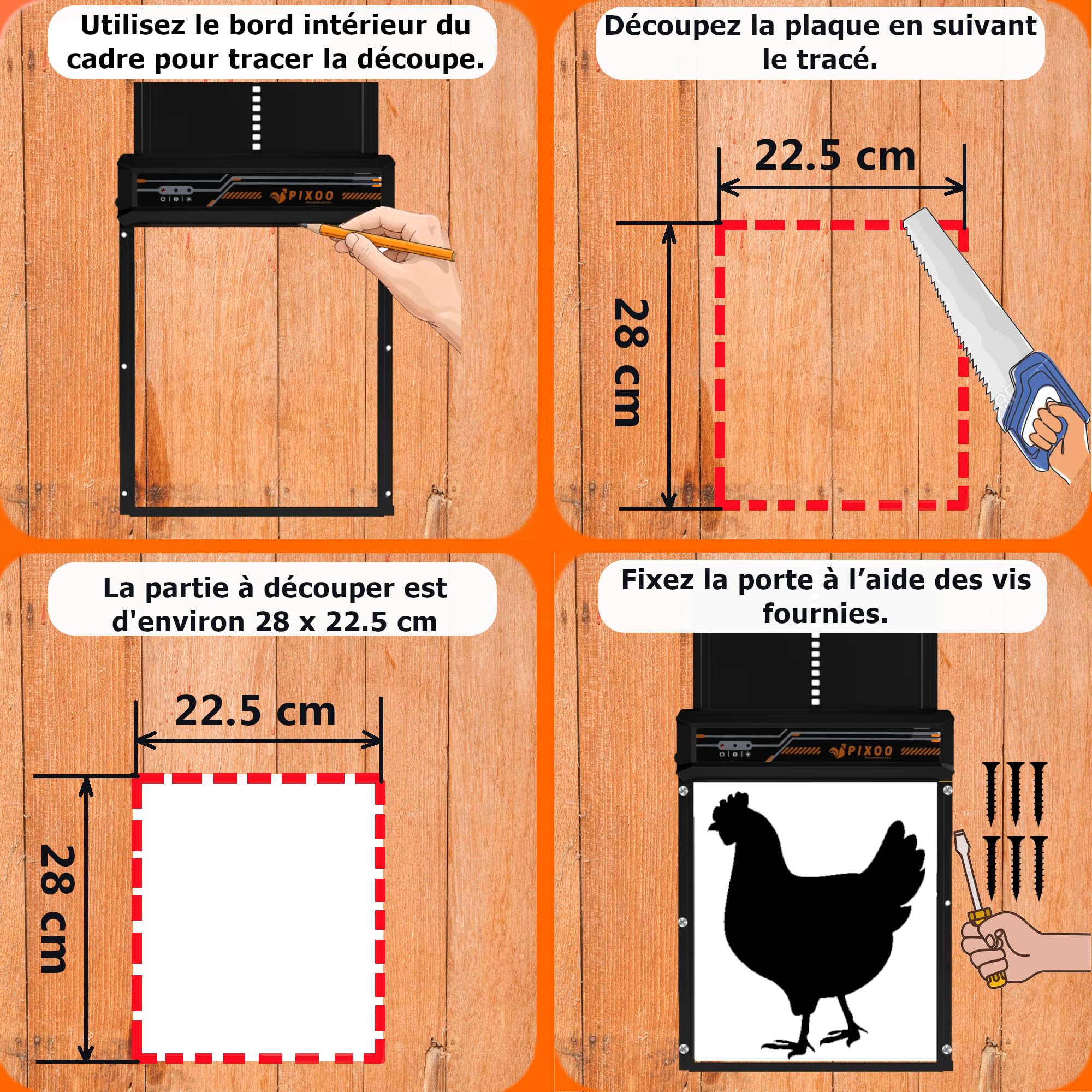 Porte Poulailler Automatique Solaire, Télécommande 120m, 4 Modes Timer/Luminosité, Anti-Pincement, Aluminium IP45, Batterie Rechargeable, 24x28cm