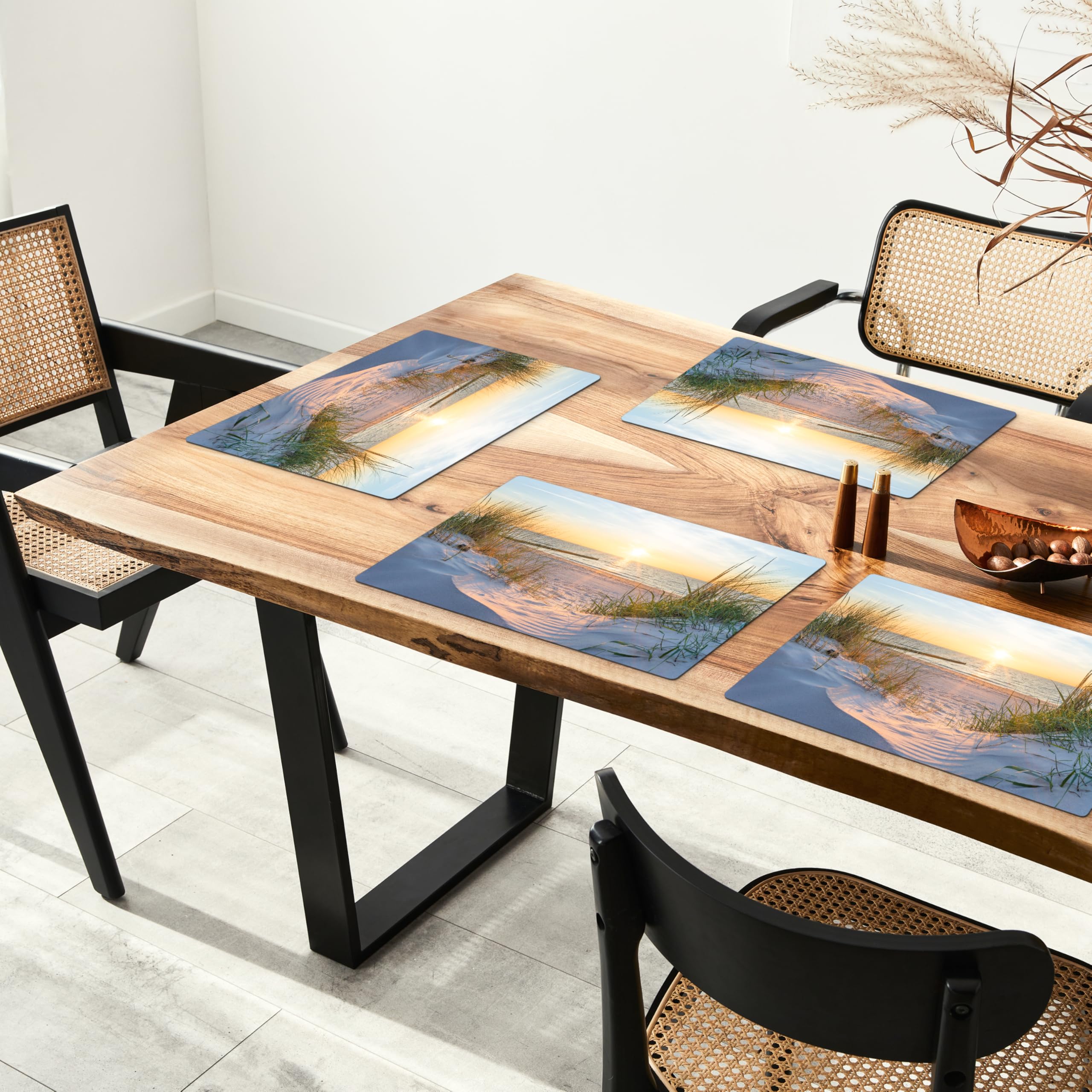 KitchenYeah© Platzsets Abwaschbare Placemats Set 6 45x30 cm Tischsets Platzdeckchen Platzset Tischset Esstisch Telleruntersetzer Waschbar Strand - Sonne - Düne - Gras - Sand - Horizont