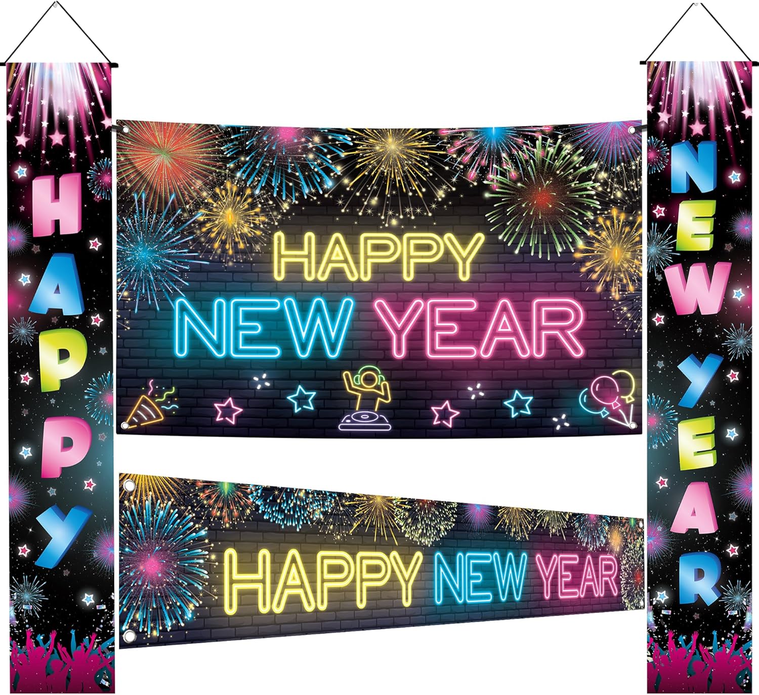 KatchOn, Neon Happy New Year Banner - 72x44 Inch | Happy New Year Door Banner - 72x12 Inch | Glow in The Dark New Years Eve Party Supplies 2025 | New Years Decorations 2025 New Years Backdrop 2025