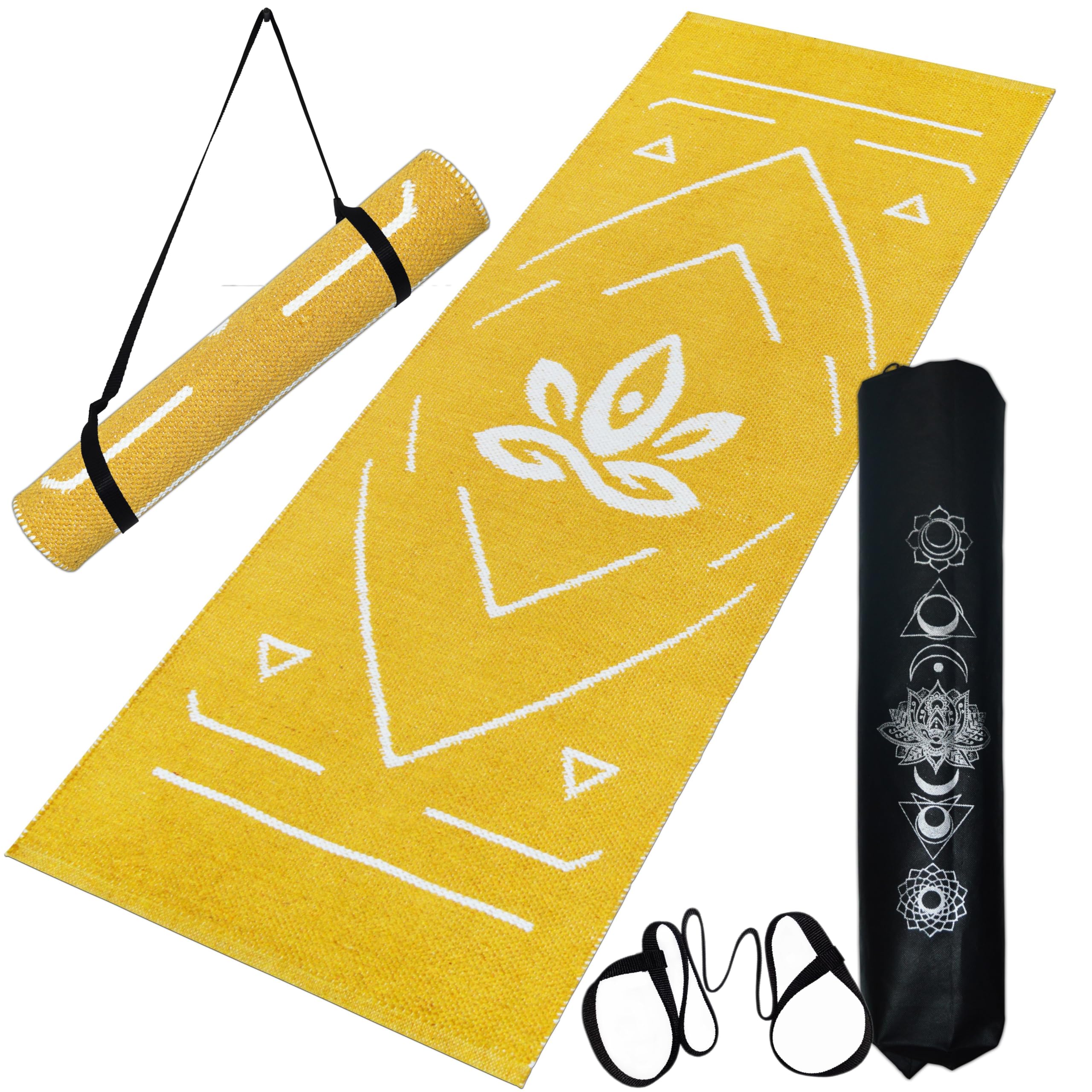 house of handmade - Cotton Yoga Mat For Men Women With Guidelines For Home Workout 7Mm Thick Large Size 2X6 Feet Anti Slip Mat For Pilates, Washable, Yellow-picture-21