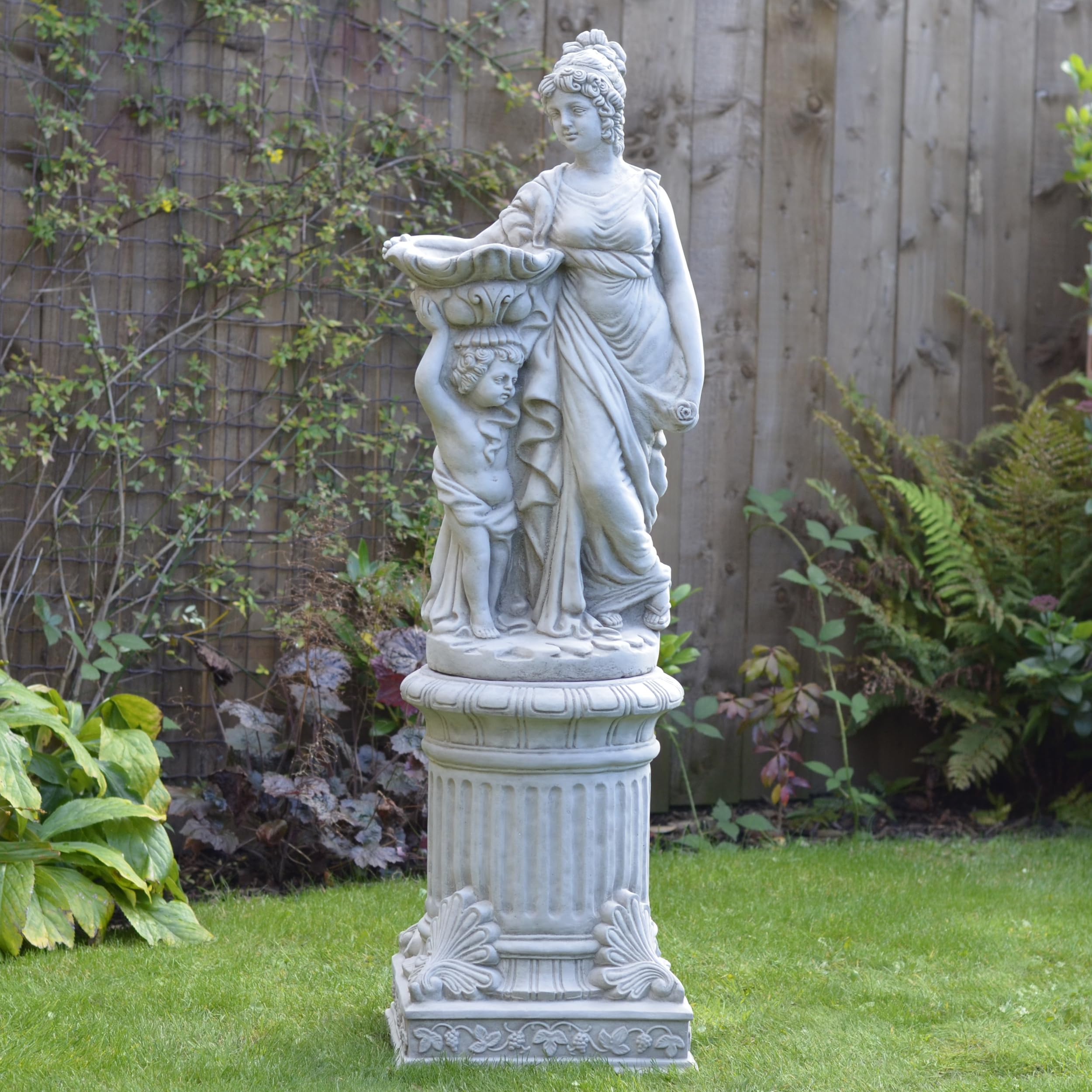 ONEFOLD LARGE STONE BIRD BATH HEAVY ROMAN FAIR MAIDEN CHERUB DETAILED GARDEN STATUE ORNAMENT WATER FEATURE BASIN