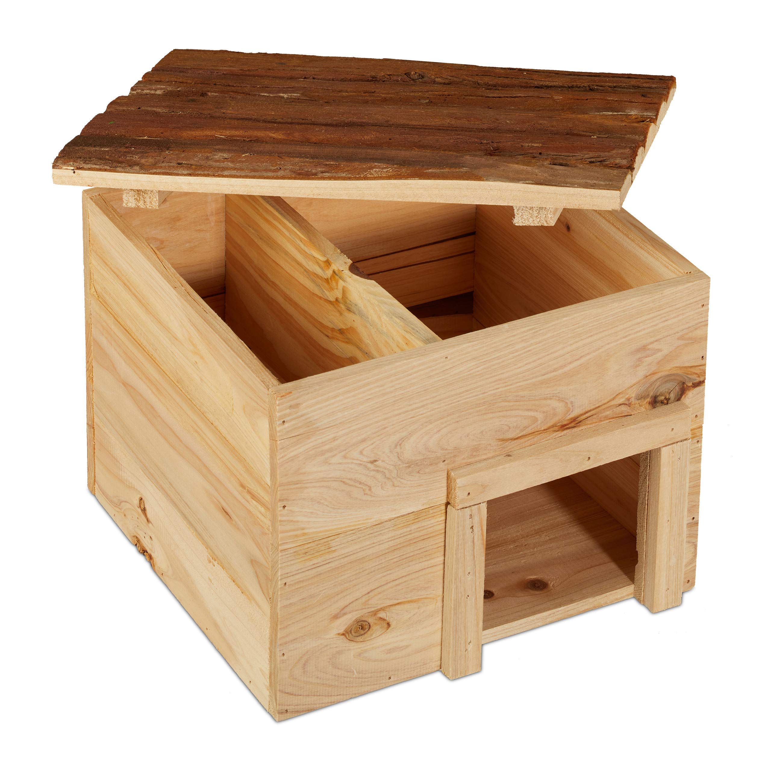 Relaxdays Casa Erizo, Cueva Animales Pequeños, de Madera, con Suelo, Refugio Hibernación Jardín, 22,5x32x27 cm, Natural