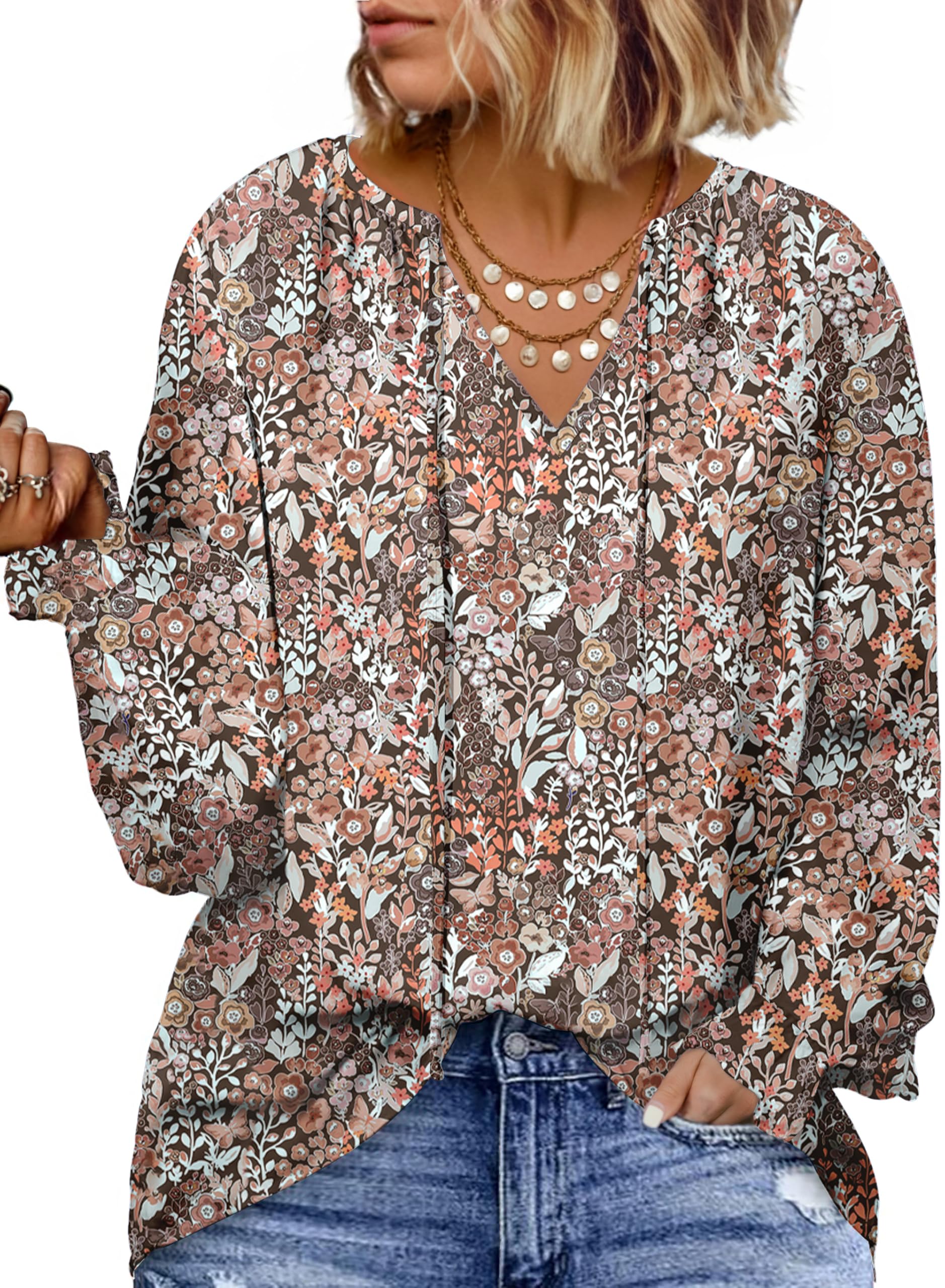 EytinoPlus Size Tops for Women Boho Floral Print V Neck Long Sleeve Drawstring Chiffon Blouses Shirts(1X-5X)