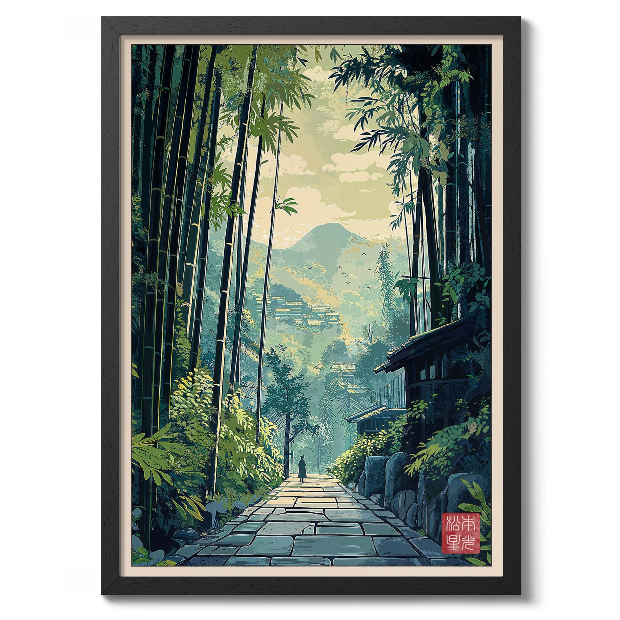 Kyoto Bamboo Grove Anime Woodblock Poster Print, Cartoon Manga Edo Aesthetic Wall Art Japanese Wall Art Bedroom Home Decor, A1 (Black Frame) - 86.9x62.4cm — image 1