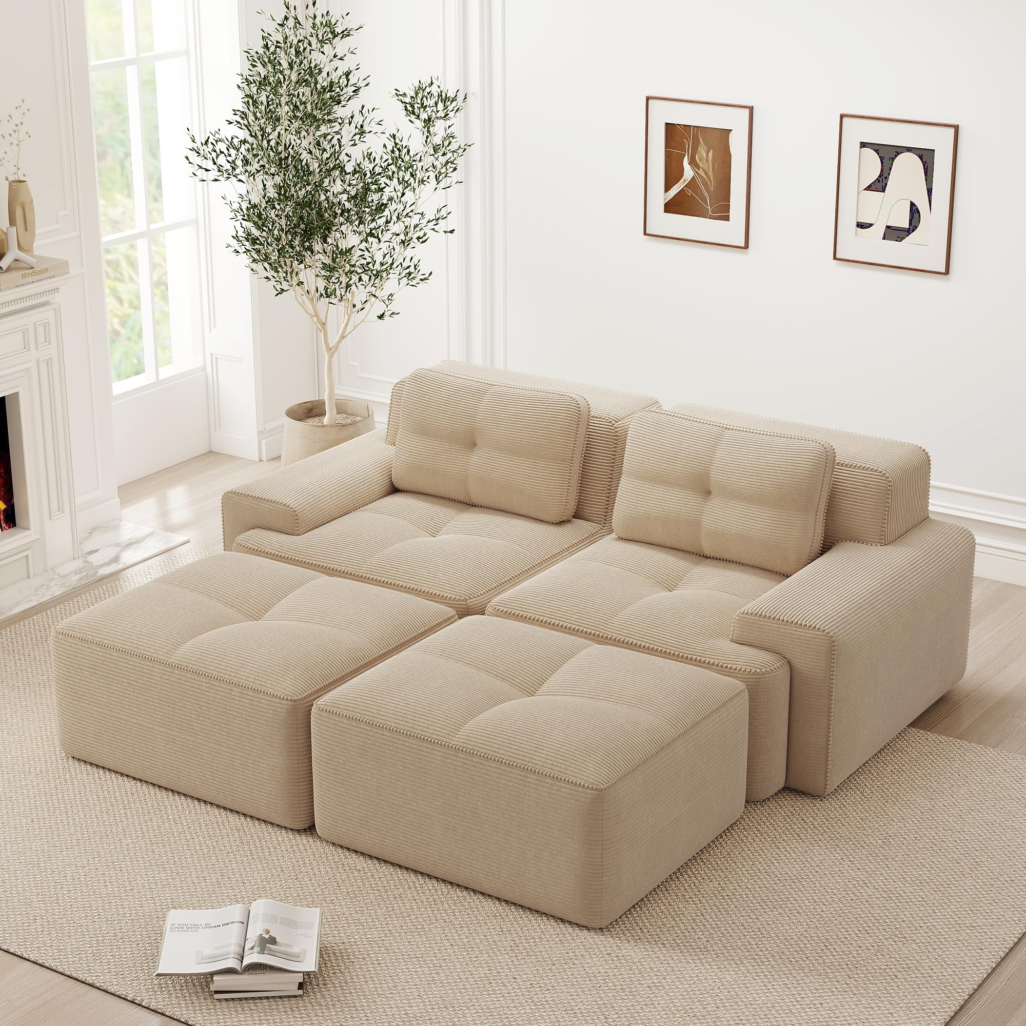 Sofá Modular Comprimido 204 cm, Sofá de 2 plazas con 2 pufs y 2 cojines, Cómodo sofá deshuesado de pana, sofá esquina/sofá cama para salón