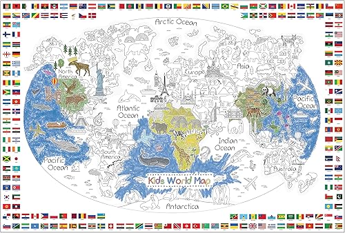 Dekali Designs Póster para colorear de mapa del mundo para niños, 35 x 52 pulgadas, póster para colorear jumbo con banderas del mundo para aula,