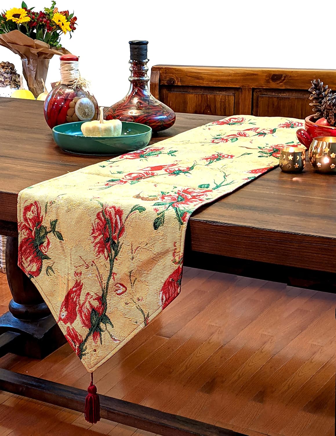 Tache Yellow Floral Table Runner - Red Roses Birds Golden Orange Woven - Long Vintage Tapestry Kitchen Dining Dinner Linens Cloth - 13 x 90 inches