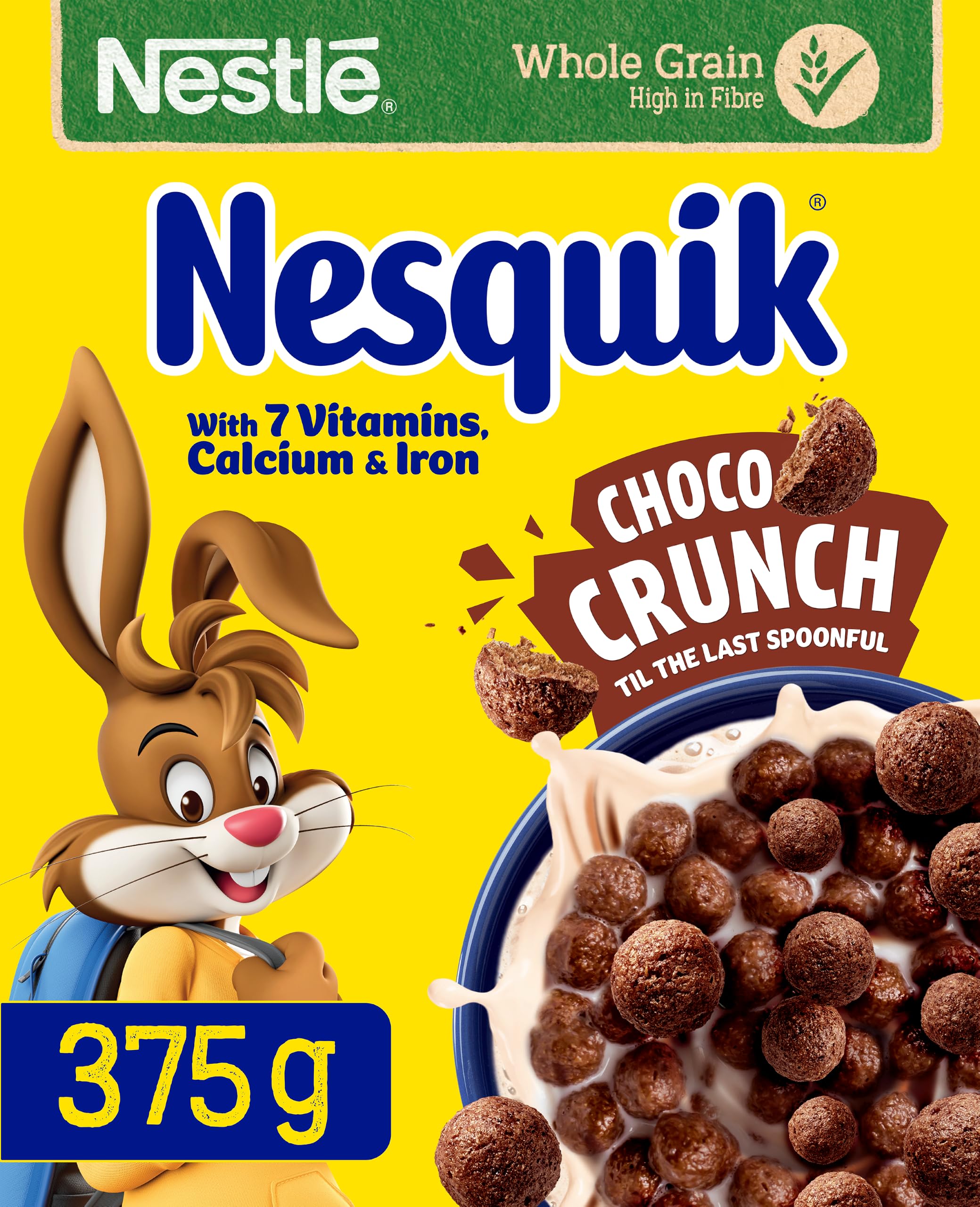 Nestlé Cereals - Nesquik Breakfast Cereal - Bitesize Chocolate Wholegrain Puffed Balls - High Fibre  7 Vitamins  Calcium & Iron - 375g
