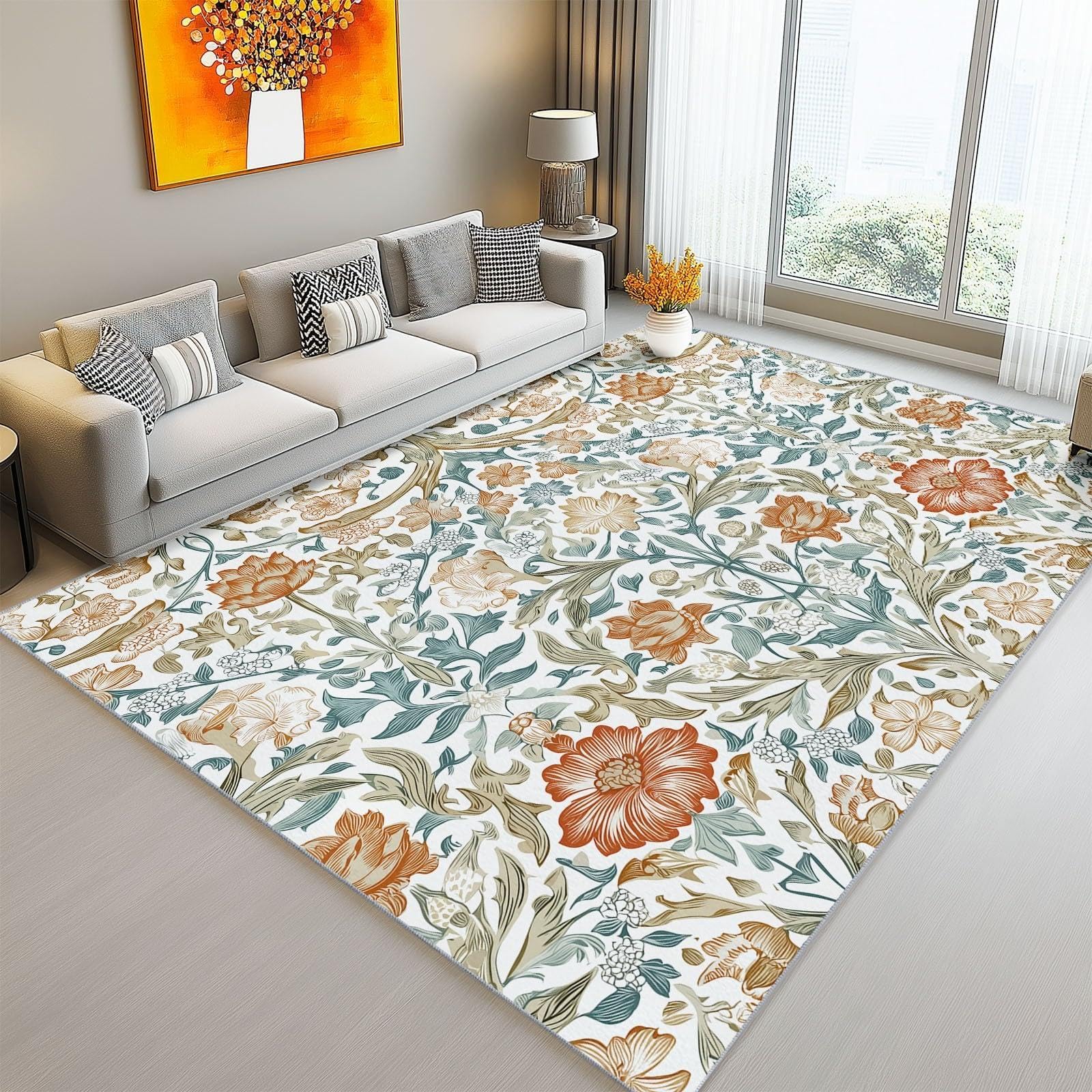 1.5×2.5ft Area Rug William Morris Floral Pattern Carpets, Traditional Vintage Oriental Farmhouse Thin Indoor Large Rugs for Living Room Bedroom Under Dining Table Entryway Kitchen Office