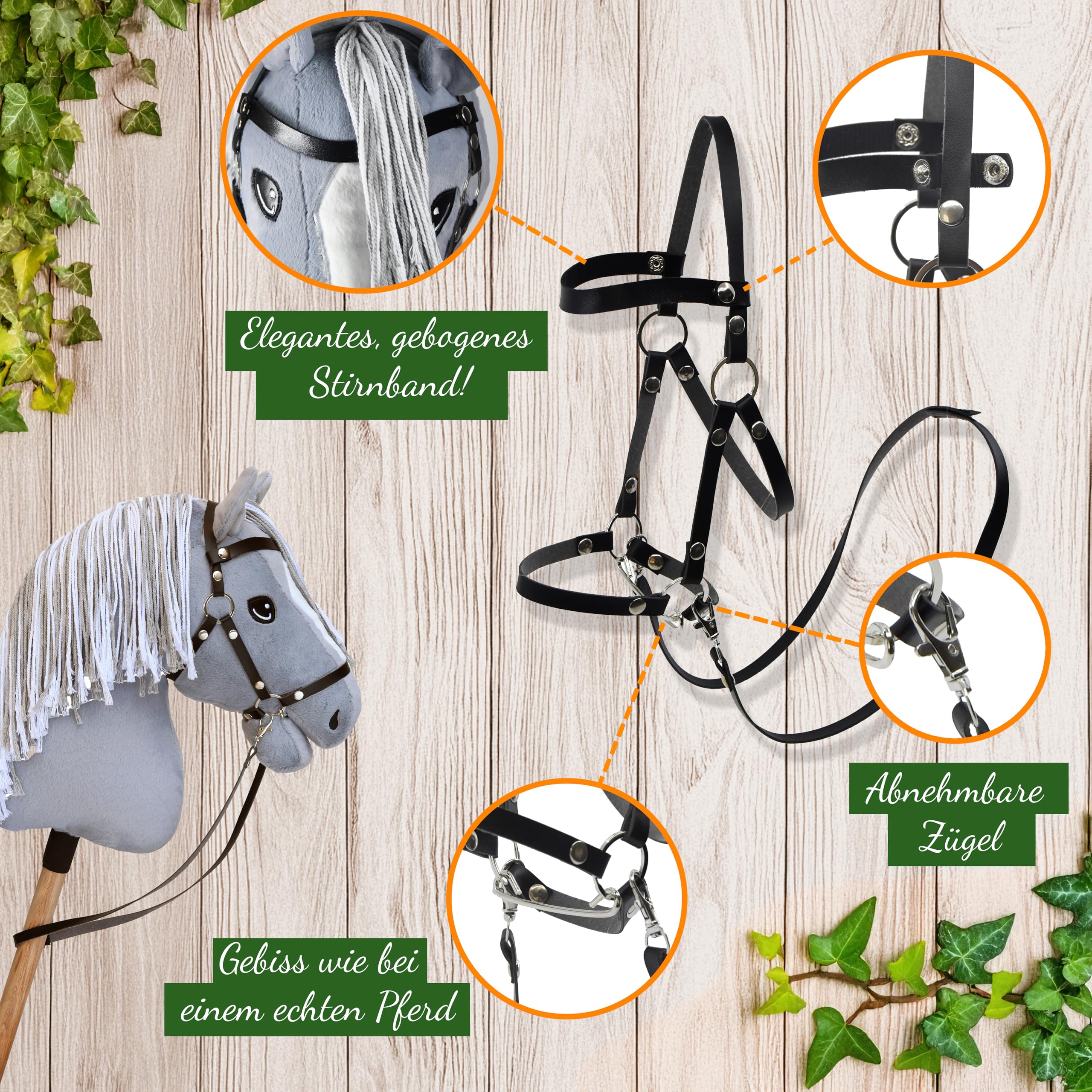 Hobby Horse Grigio A3, cavallo bastone completo di rete, morso, redini e cuffia anti-insetti blu. Testa di cavallo bastone per Hobby Horsing bambini e adolescenti