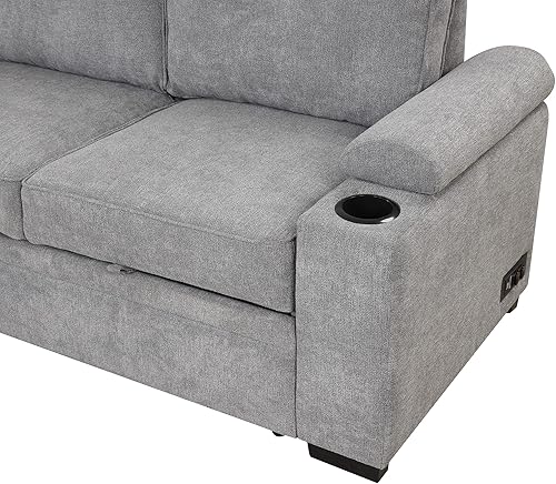 Miniatura 7 de Sofá cama modular reversible en forma de L de lino con otomana de almacenamiento, sofá cama convertible 2 en 1 extraíble con portavasos y puerto de