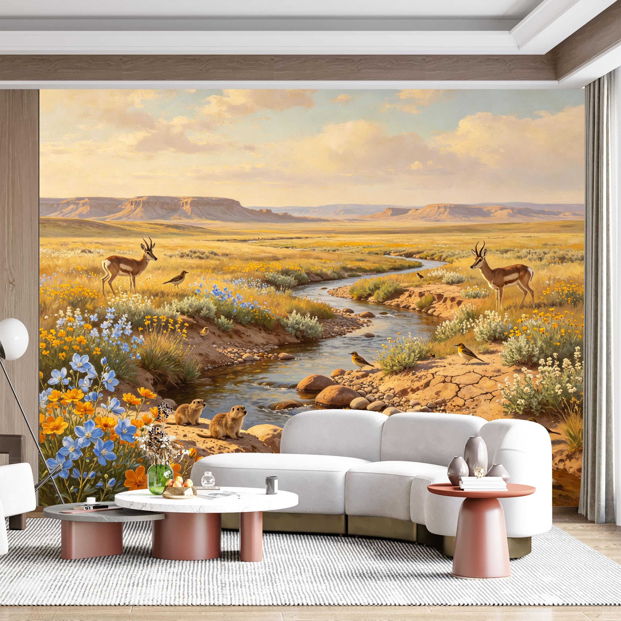 Custom Size Wall Mural Desert Landscape Wildlife River Meadow Floral Oil Painting SelfAdhesive Wall Fabric Removable for Home Office Decor