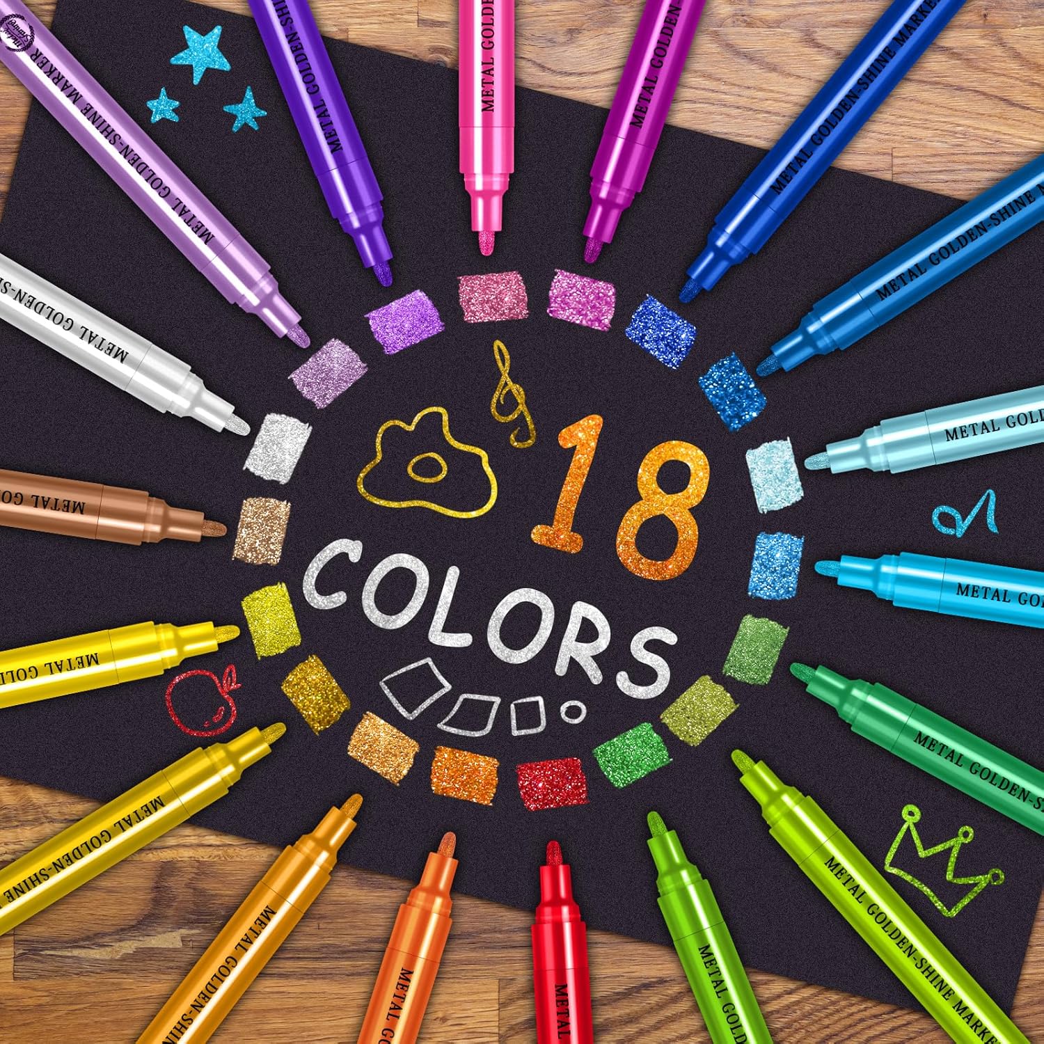 Betem Super Golden Metallic Paint Markers, 18 Colors Metallic Paint Pen Scrapbook Supplies, 2-3mm Medium Tips Glitter Markers for Black Paper, Albums, Rock Painting, Cards, Ceramic, Wood, DIY Crafts