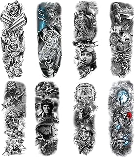 Military Sleeves Temporary Tattoos Full Arm Black Military Tattoo Stickers Fake War Style Body Art Arm Tattoo for Men Makeup, 8-Sheet