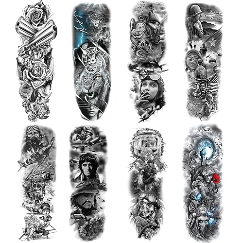 Tatuajes temporales de mangas militares, tatuajes militares negros de brazo completo, tatuaje de brazo para hombre, 8 hojas