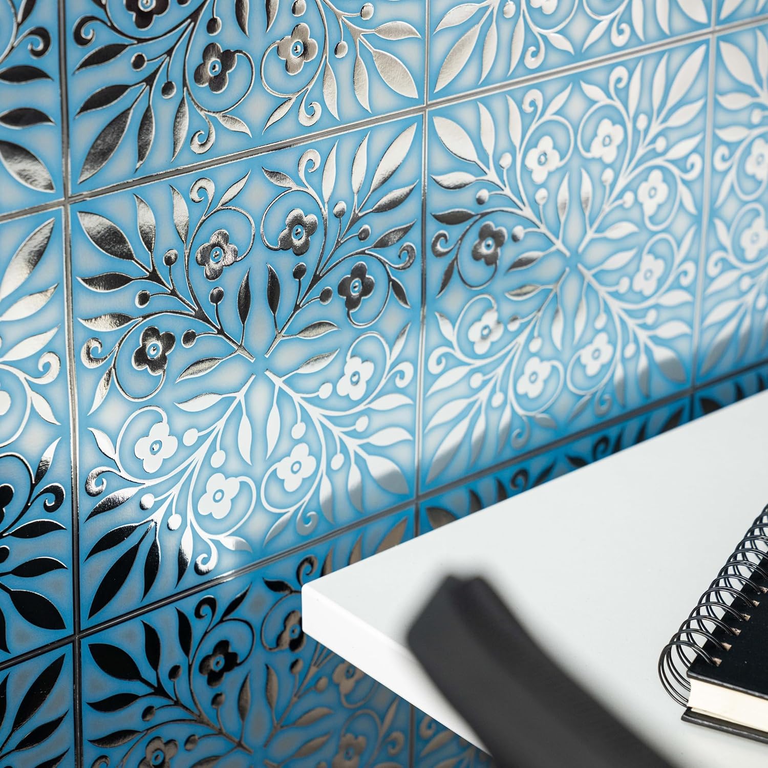 Main Street 24-Pack of 8 x 8" Wallpaper Tiles Peel and Sitck in Blue and Silver Leaves Design for Kitchen Backsplash, Renter Friendly, Paper Wall Tiles for Your Home and DIY Projects