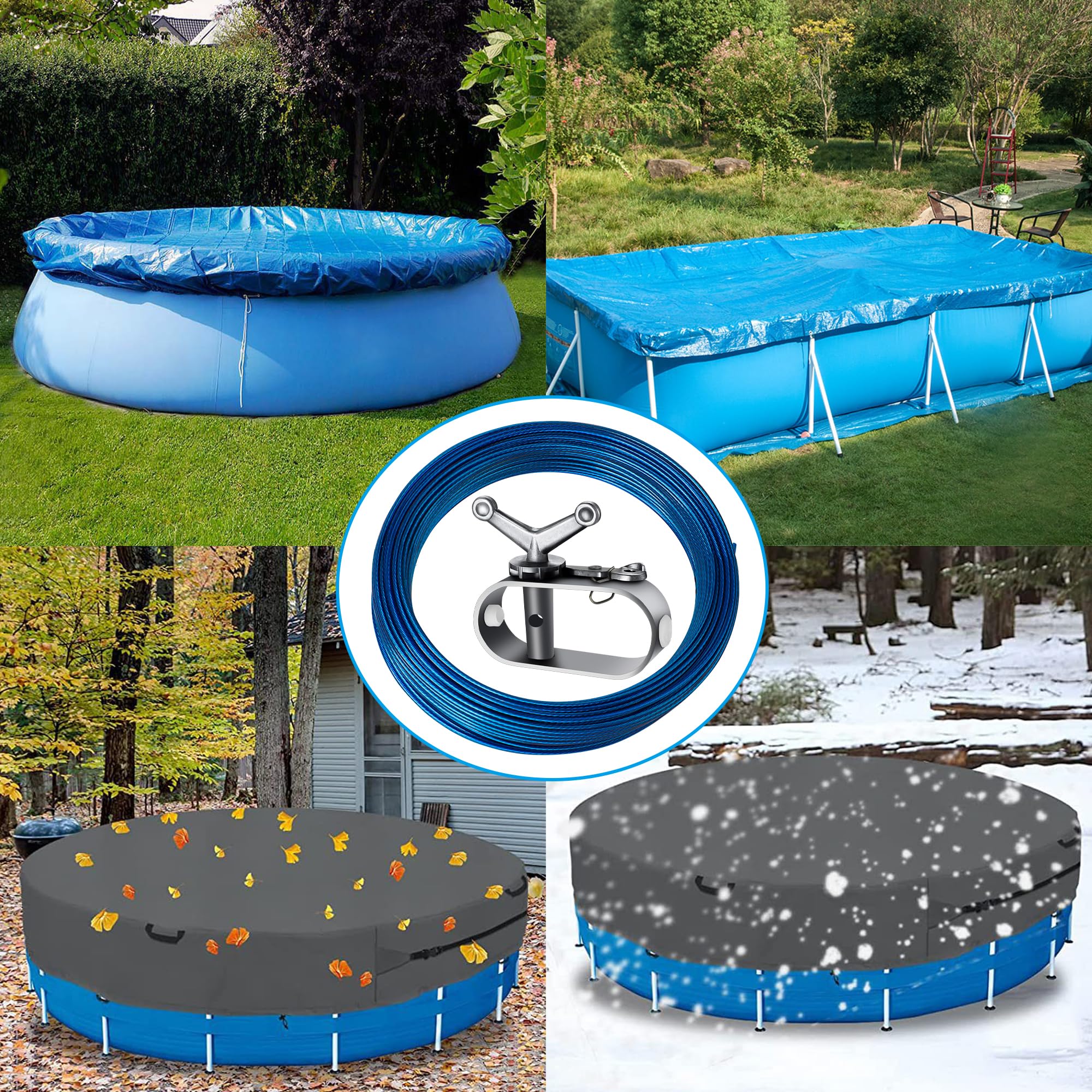 Belleone Poolabdeckungskabel & Seilwinde Set - 45,7m Kunststoff-Stahlseil & Alu-Ratsche Für Oberirdische Pools