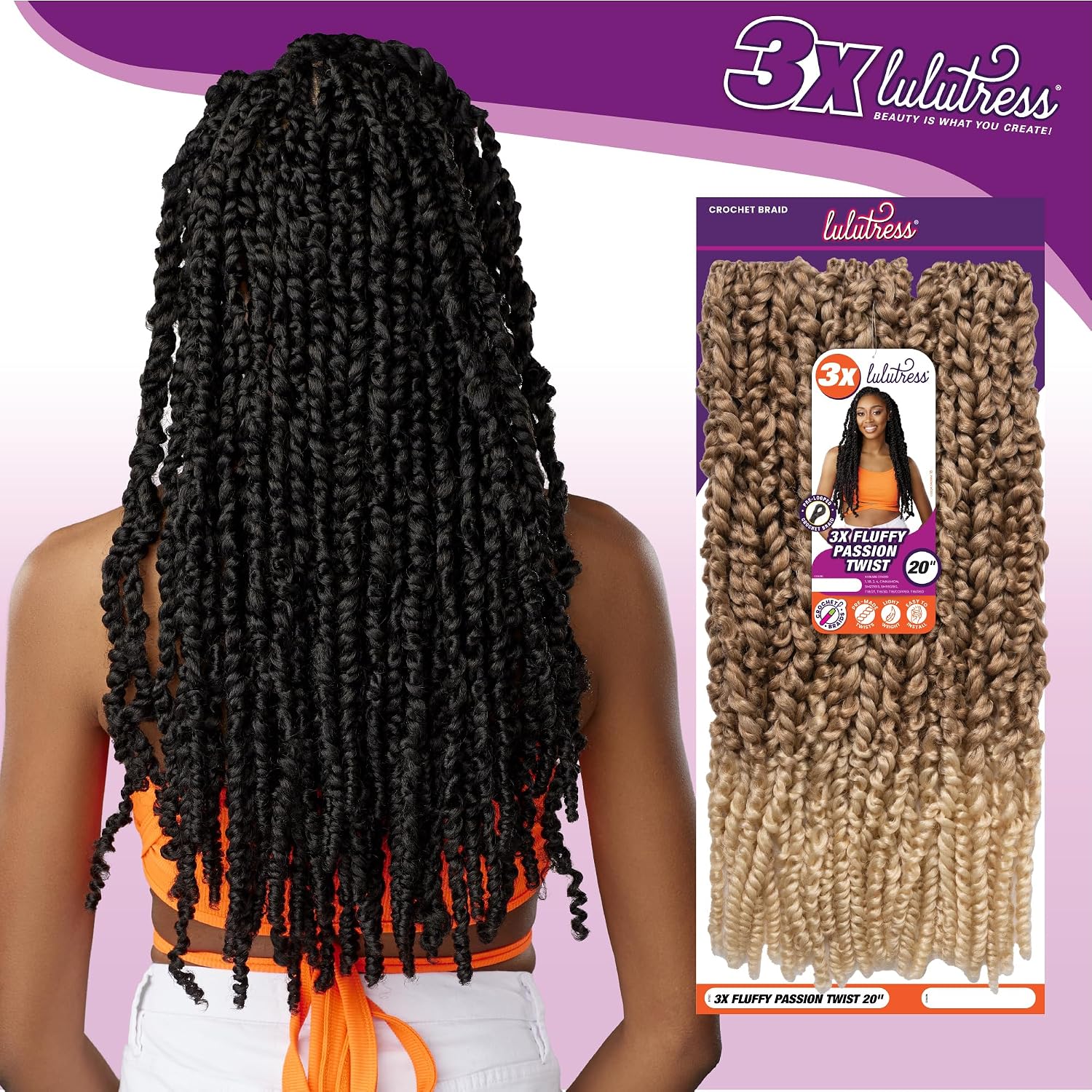 Sensationnel Lulutress crochet braiding hair - 3x fluffy passion twist 20 inch pre made diy all kanekalon synthetic locs twists (1 pack, 1 JETBLACK)