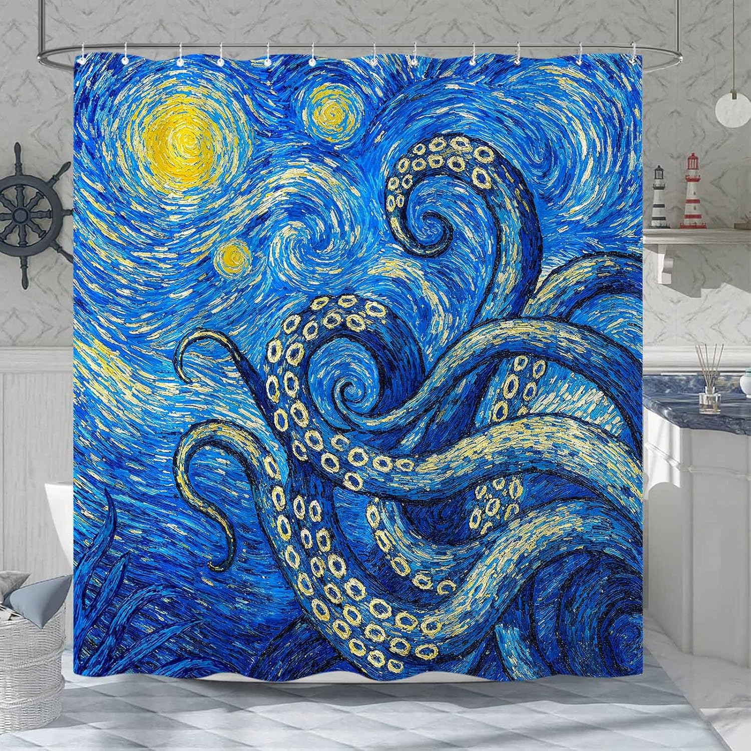 Yeoiat Artistic Octopus Shower Curtain Set Starry Ocean Print Waterproof Bathroom Shower Curtain Mysterious Marine Life Art Home Decor 72x72 Inch