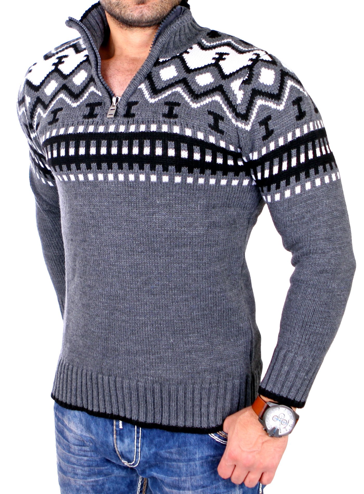 Reslad Suéter de punto para hombre con cremallera y cuello redondo para hombre suéter noruego RS-3110