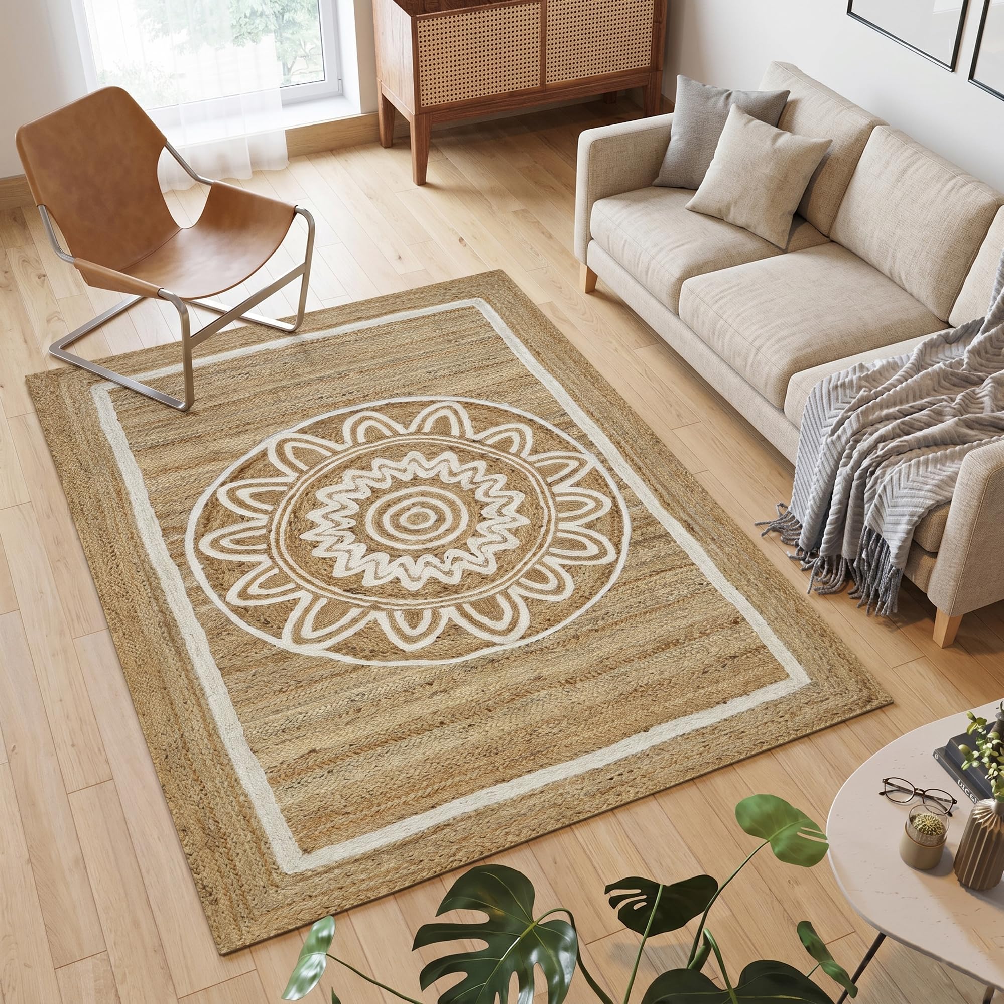 Tapis tressé en jute naturelle fait main avec mandala blanc pour un salon chic