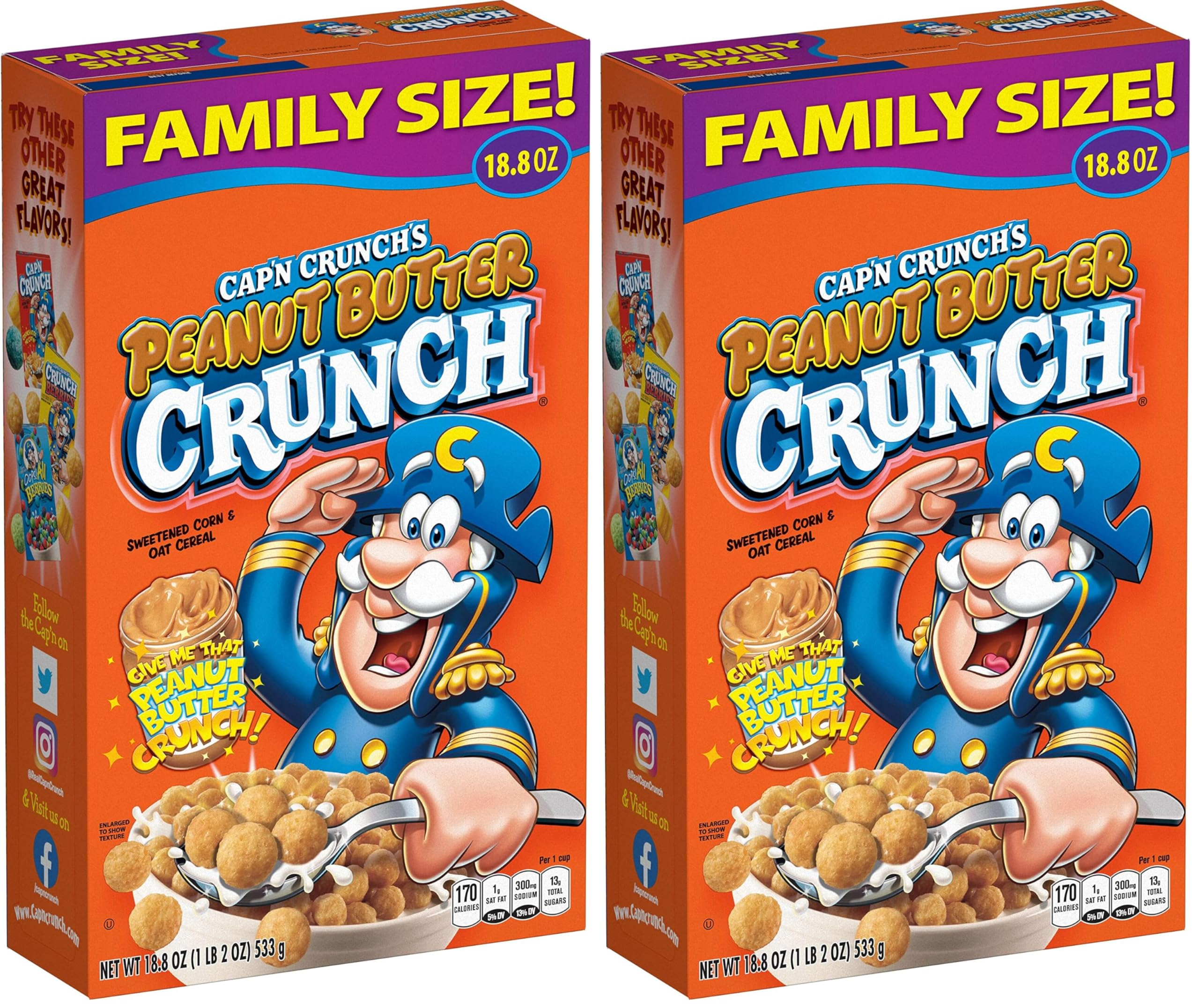 Cap'n Crunch Cereal, Peanut Butter, 18.8oz Box, Packaging May Vary (Pack of 2)