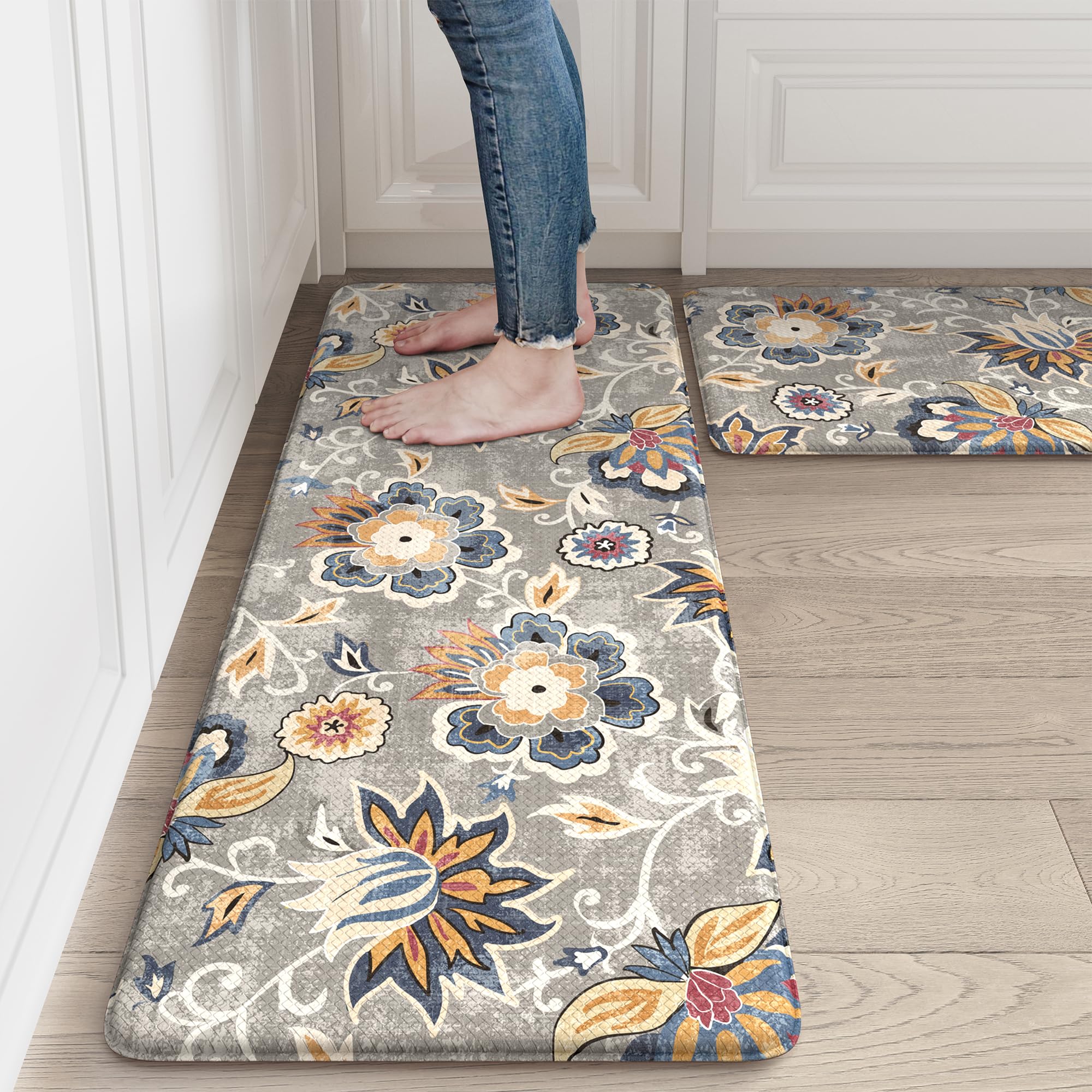 LEEVAN Kitchen Mats for Floor Non-Slip, Cushioned Anti Fatigue Mat 2 Piece, Blue Memory Foam Kitchen Mat Waterproof, Ergonomic Standing Mat for Bar, Office,Desk, Laundry