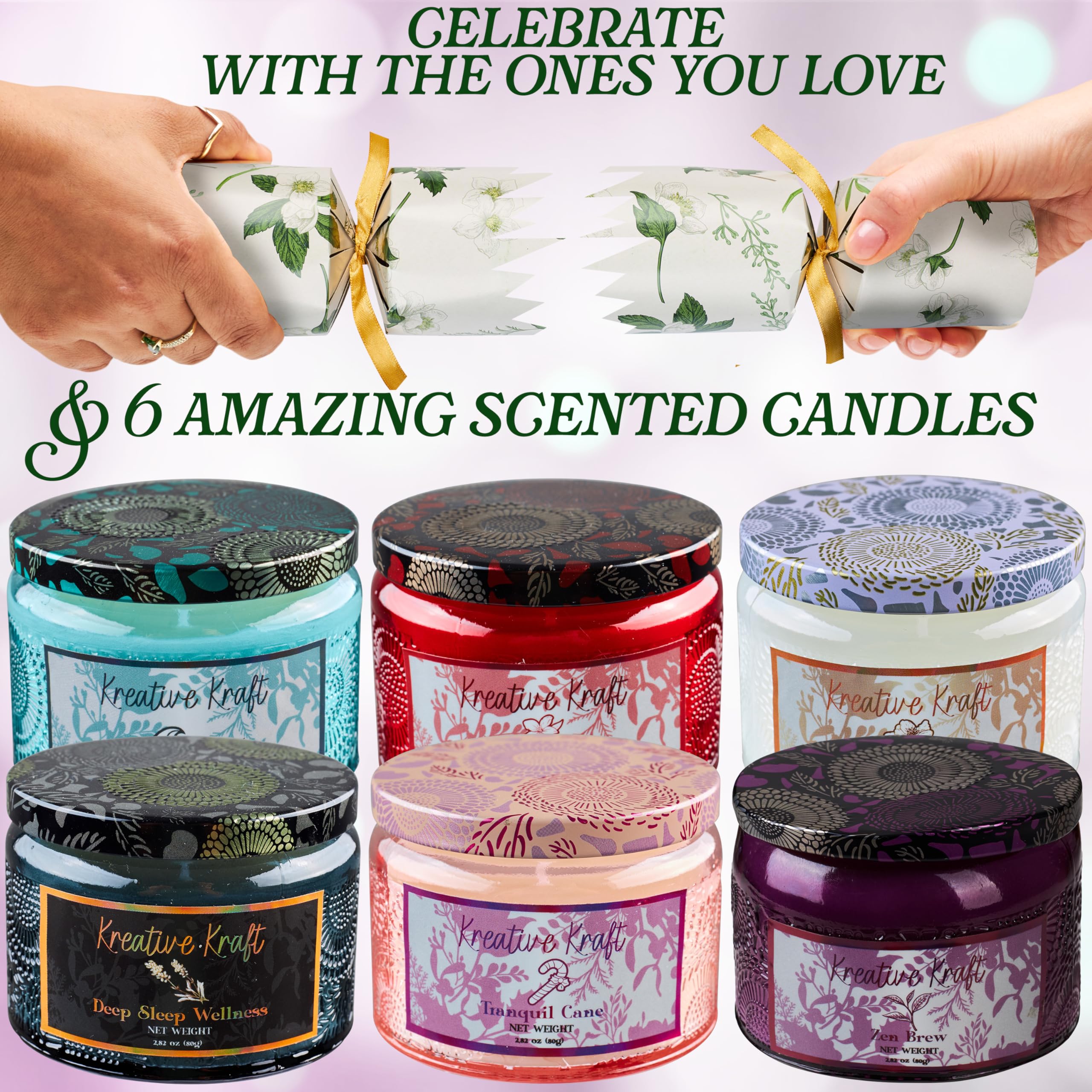 KreativeKraft Crackers de Navidad sin Explosión, Set de 6 con Velas Aromáticas en Tarro, Detalles Navideños Originales para Mesa, Decoración (Multi Velas)