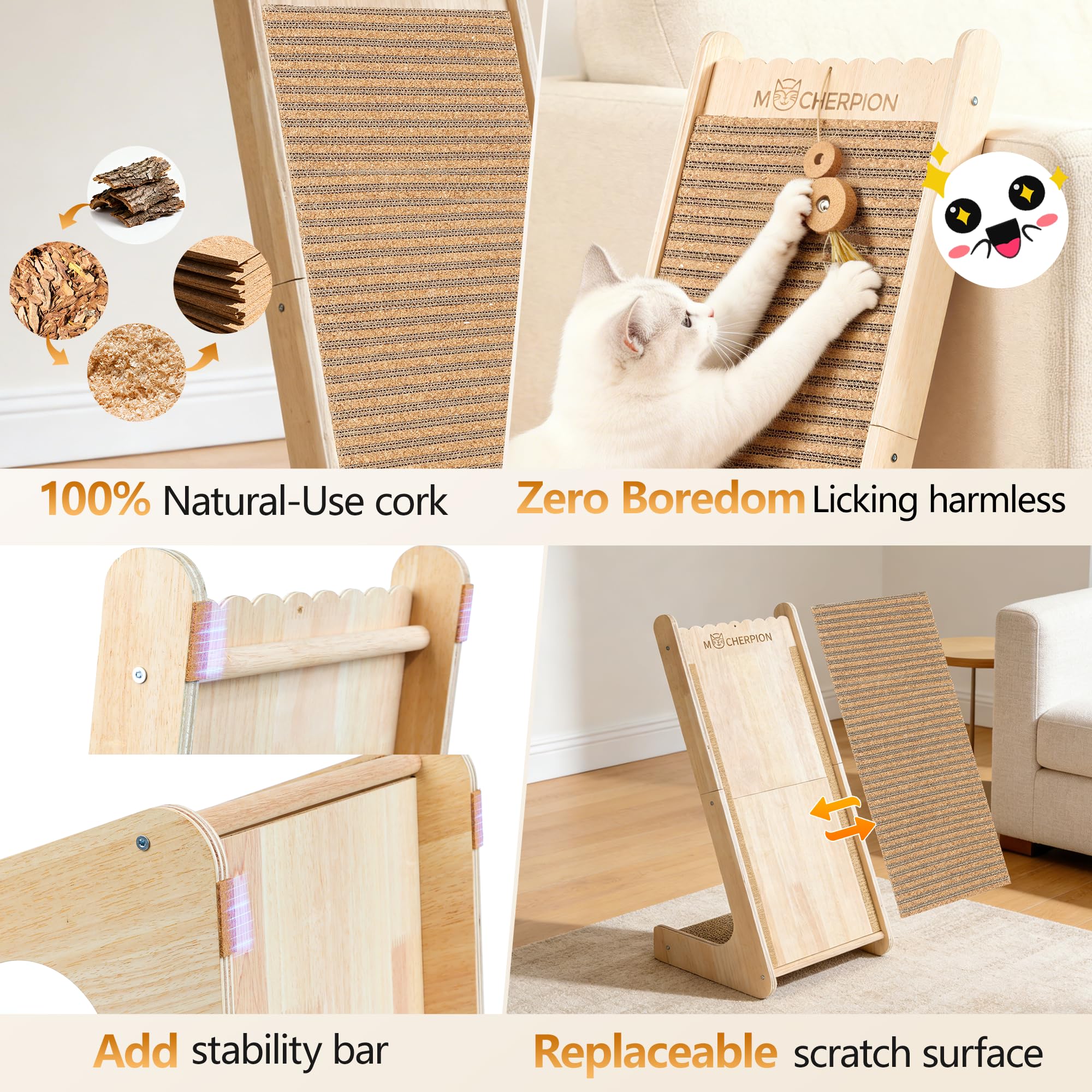 Rascadores de corcho natural para gatos, almohadillas para rascar para interiores, rampa para gatos, cartón para rascar gatos con juguete, uso reemplazable, respetuoso con el medio ambiente