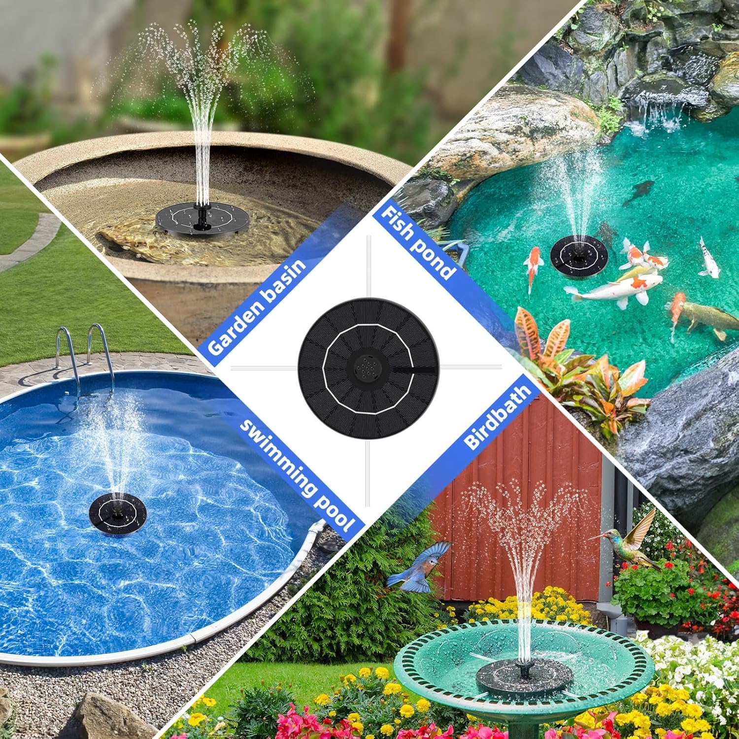 Pompa a fontana per uccelli a energia solare con 6 ugelli per vasche per uccelli, giardini, laghetti e piscine, decorazione ideale per esterni