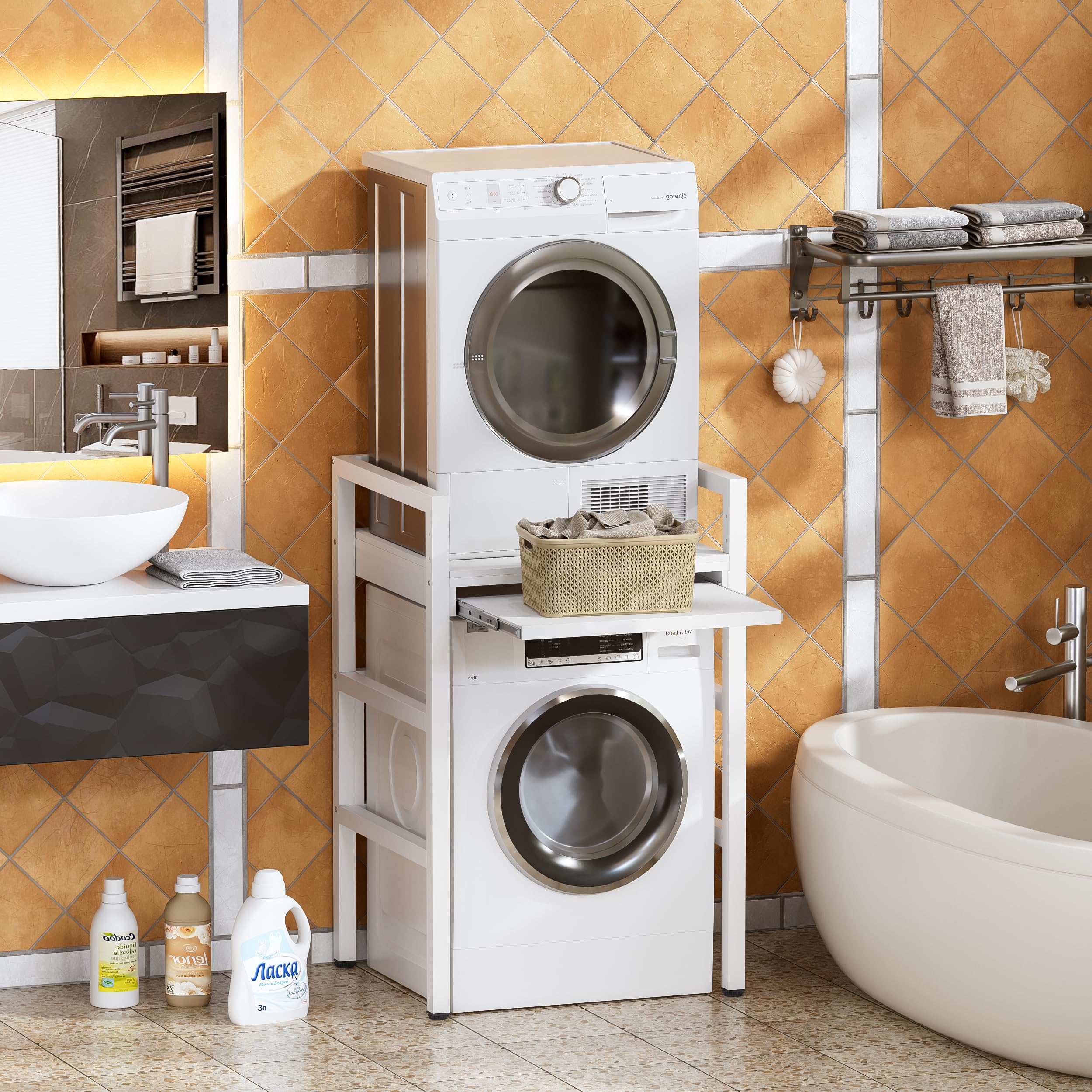 MSFE Estantería Lavadora con Tablero de Estante, Soporte de Altura Ajustable para Secadora,Universal Kit de Soporte Secadora sobre Lavadora, Capacidad de Carga 350kg,73*64*115cm,Producto Patentado