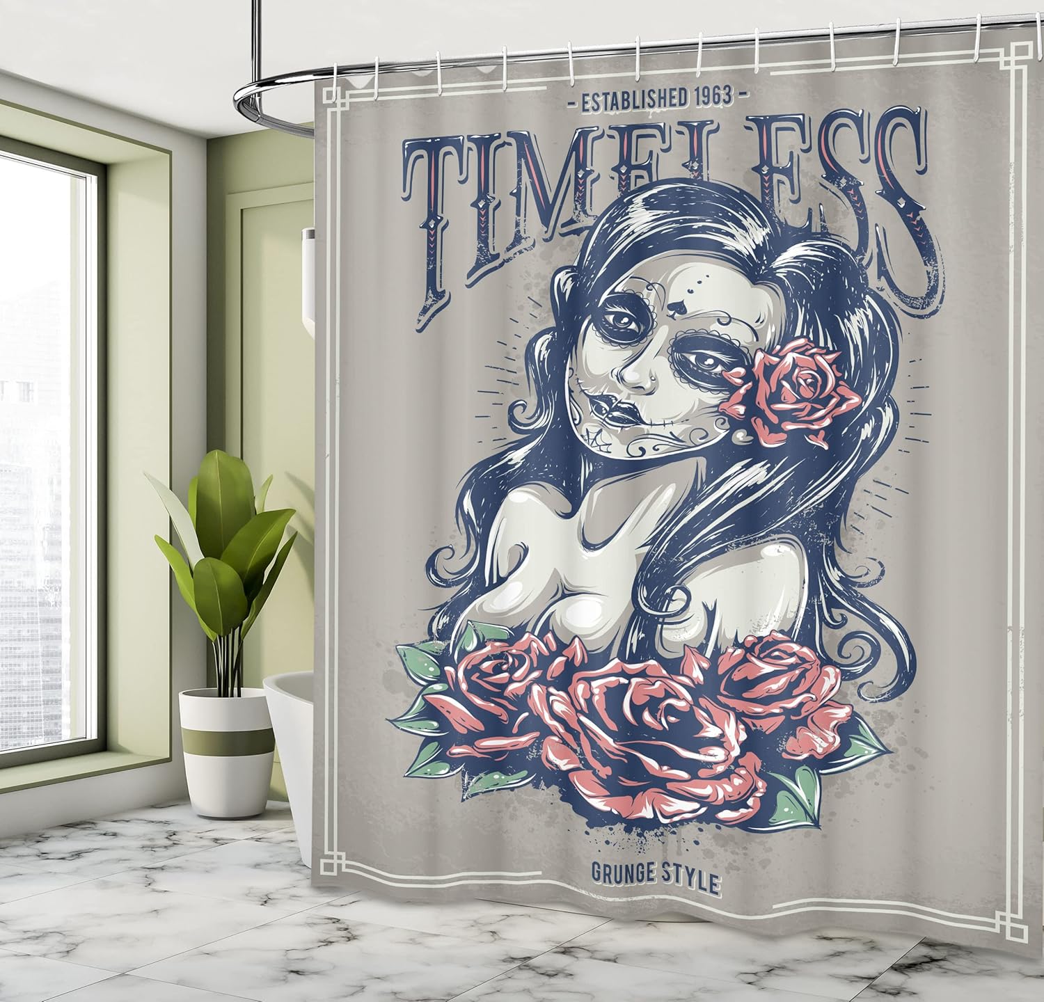 Ambesonne Skull Shower Curtain, Day of The Dead Lady with Roses Lady Witch American Traditional Style, Cloth Fabric Bathroom Decor Set with Hooks, 69" W x 84" L, Night Blue and Pale Grey