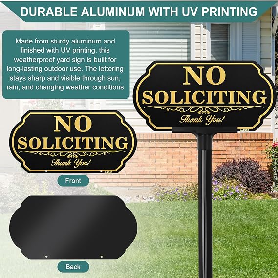 Heavy Duty No Soliciting Sign, 5 x 10 Inch Aluminum Yard Sign with Stake