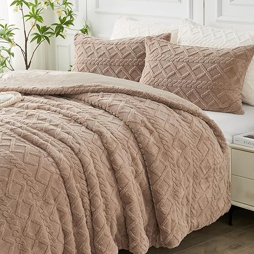 Miniatura 3 de ENCOFT Juego de edredón marrón tamaño Queen, juego de edredón de lujo de terciopelo esponjoso de 3 piezas, patrón de cable copetudo, juego de