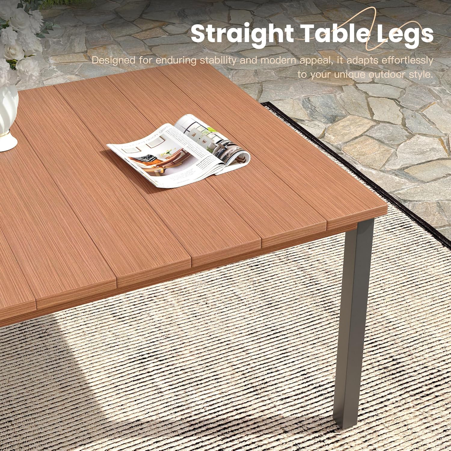 VICLLAX Outdoor Patio Dining Table for 6, 63" Rectangle Dining Table with Umbrella Hole for Porch, Backyard, Garden, Deck, Walnut