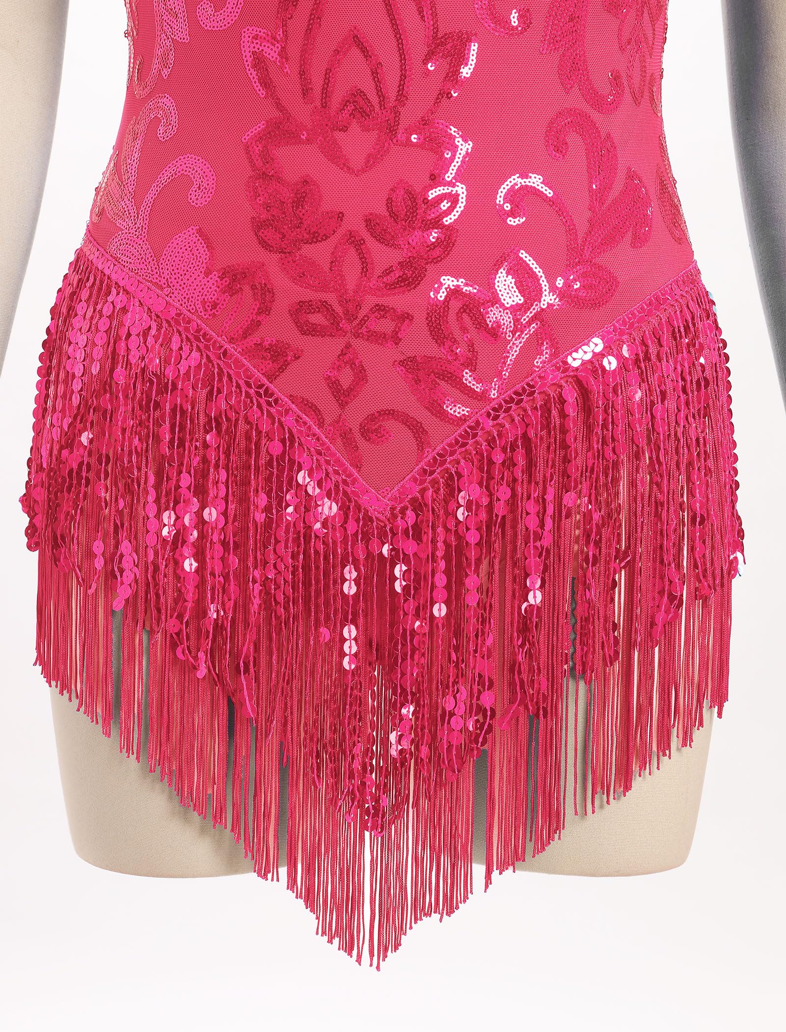 IBAKOM Women Sexy Sequins Fringe Bodysuit Sparkly Tassel Latin Jazz Dance Acrobat Costume Adult Trapeze Artist Rave Outfits: Hot Pink Small
