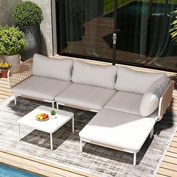 5 Piece Modern Outdoor Sectional Sofa, Low-Profile Sofa with Coffee Table | Modular Customizable Deep Seating Low-Profile Sectional Sofa,All-Weather Woven Rope Armrests,Weather-Resistant Furniture